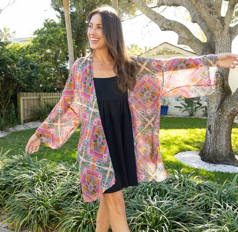 Natural Life Boho Duster Kimono OS Midi Sheer Floral Indie Festival Pattern Pink