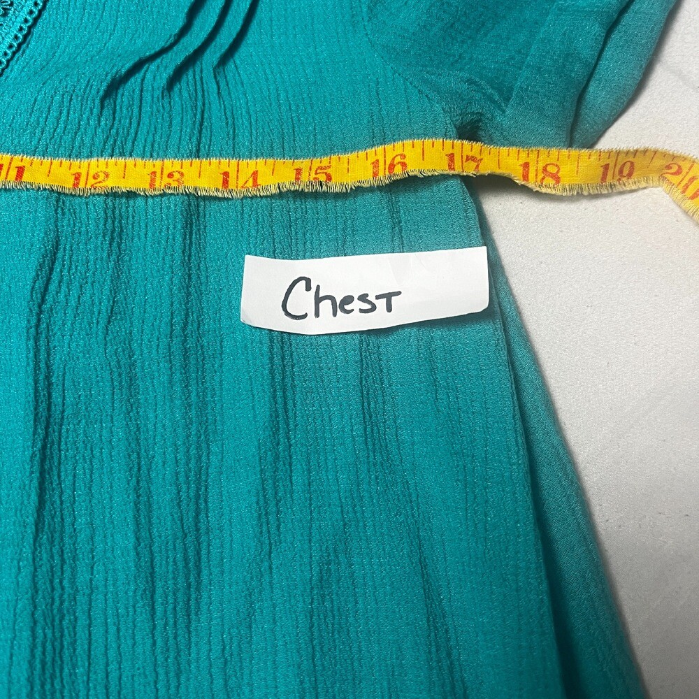 MINE Crochet Trim Tunic Top Blouse Short Sleeve Coastal Casual Teal Blue Size S
