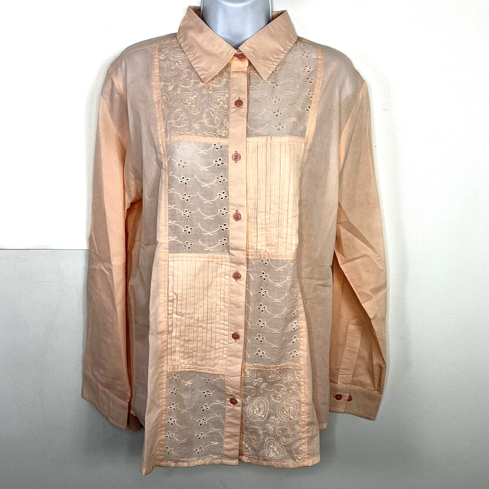 American Sweetheart Top Sz L Peach Button Front Patchwork Cottagecore VINTAGE