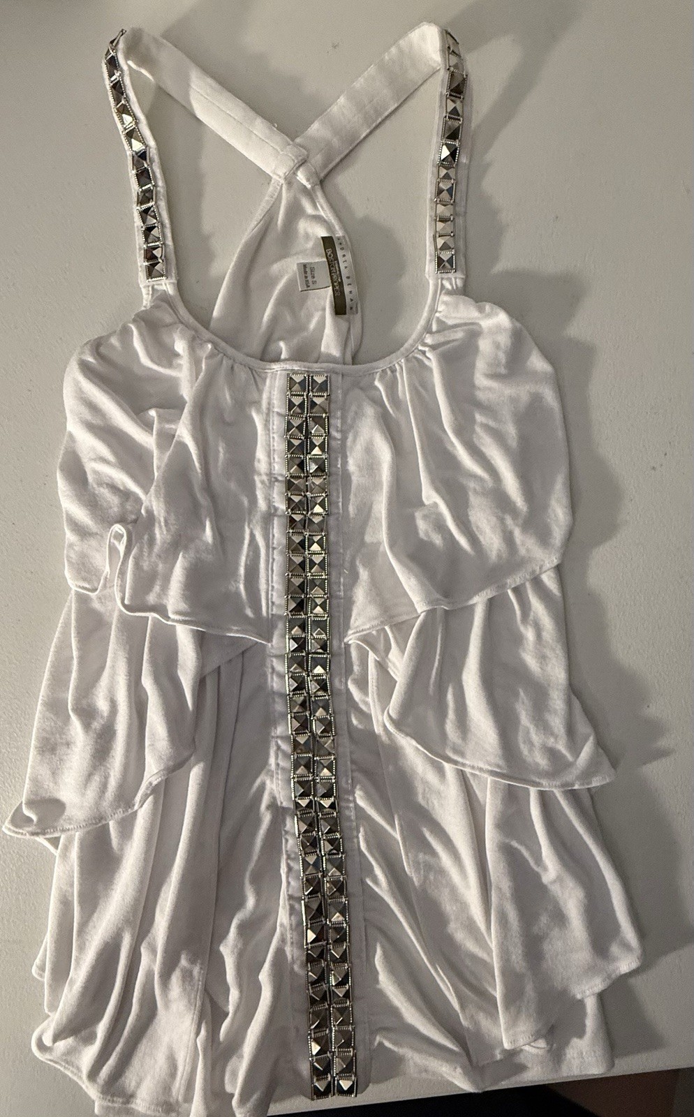 Boston Proper Andrea Behar White Embellished Pyramid Stud Halter Top Small Y2K