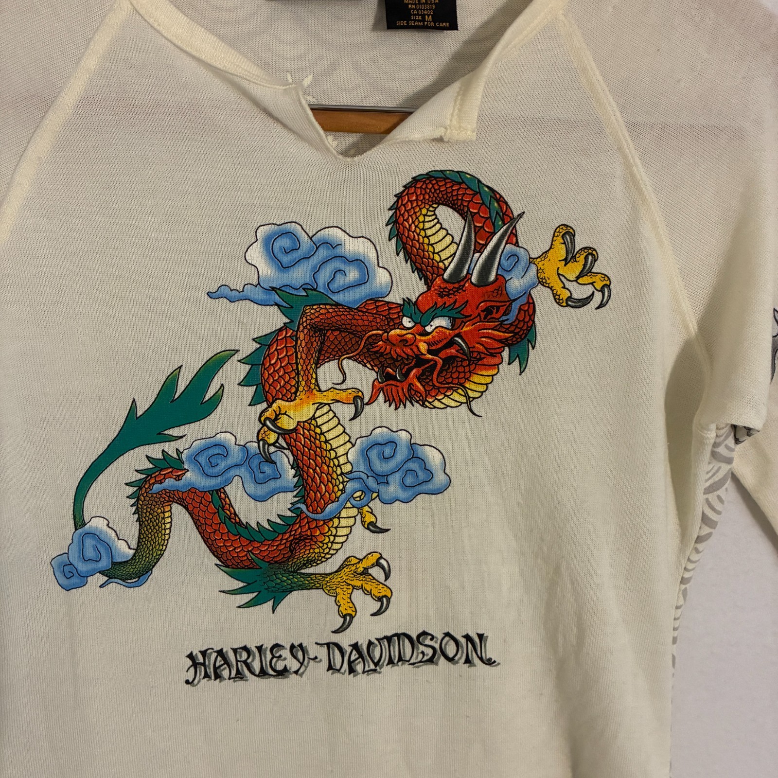 Vtg 90s Harley Davidson USA Top Women M Dragon 3/4 Sleeve Tattoo Grunge Rare