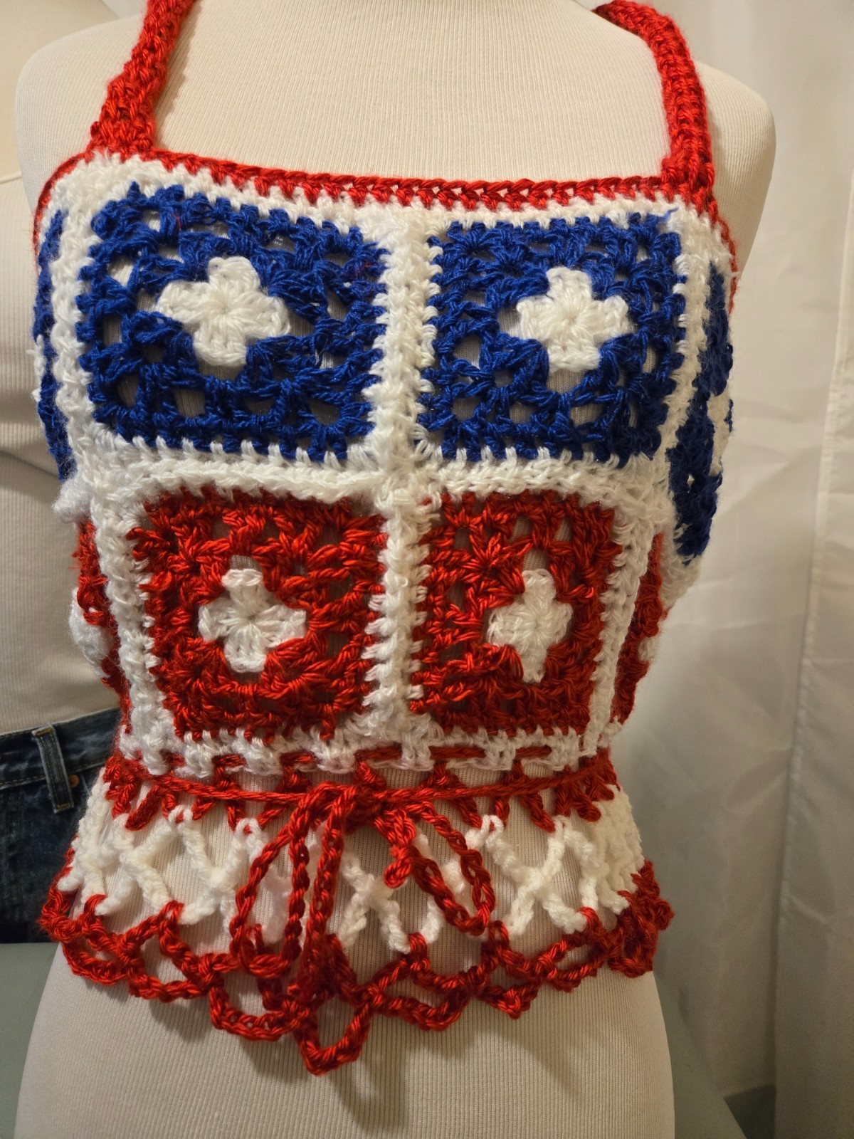 New Red White Blue Granny square Halter top Draw string tie Handmade Crocheted