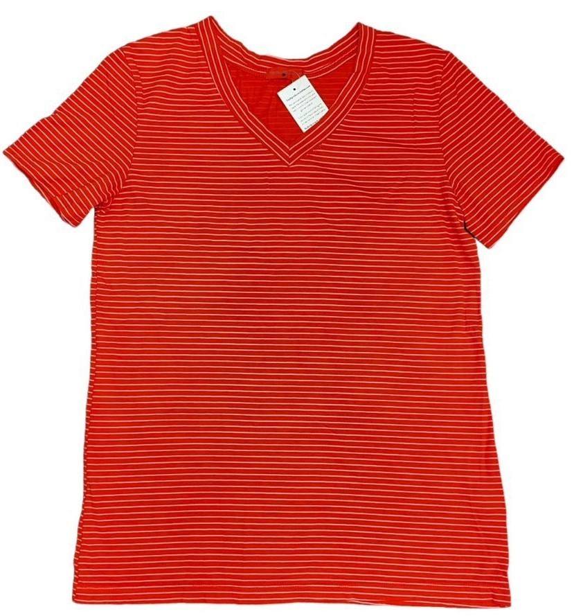 Fresh Produce medium poppy red pinstripe $49 Allure cotton v neck tee top nwt m