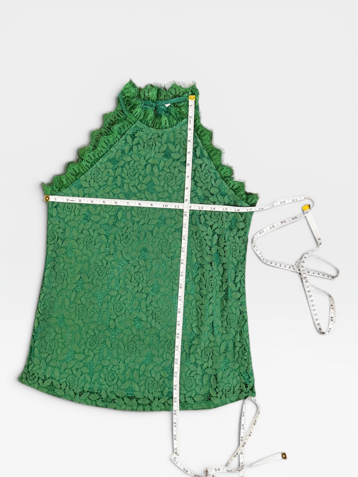 Green Lace Overlay A Line Tank Blouse Key Hole Button Closure Delicate Size Med