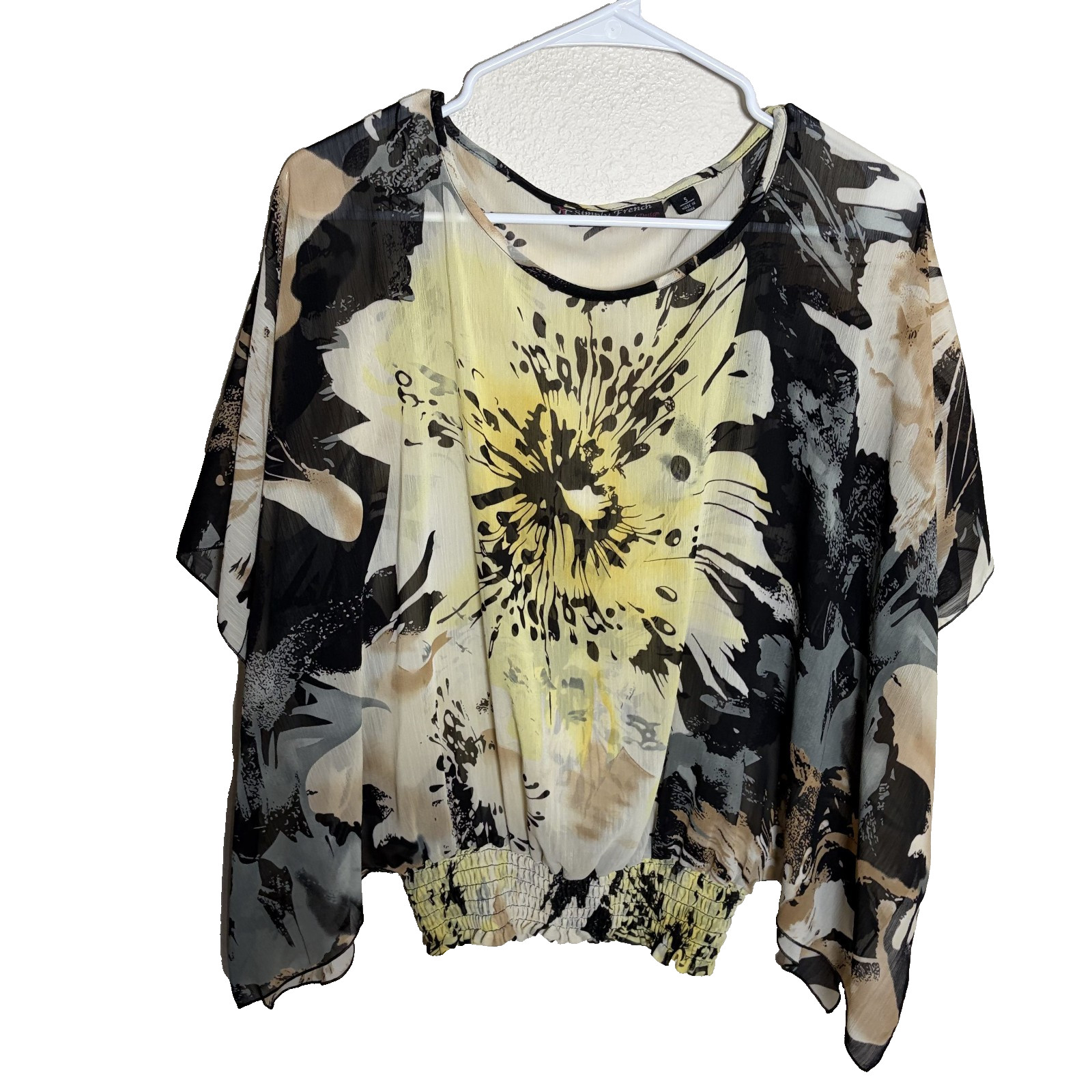 Simply French Blouse Women’s Small Textured Round Neck Sheer Floral Top