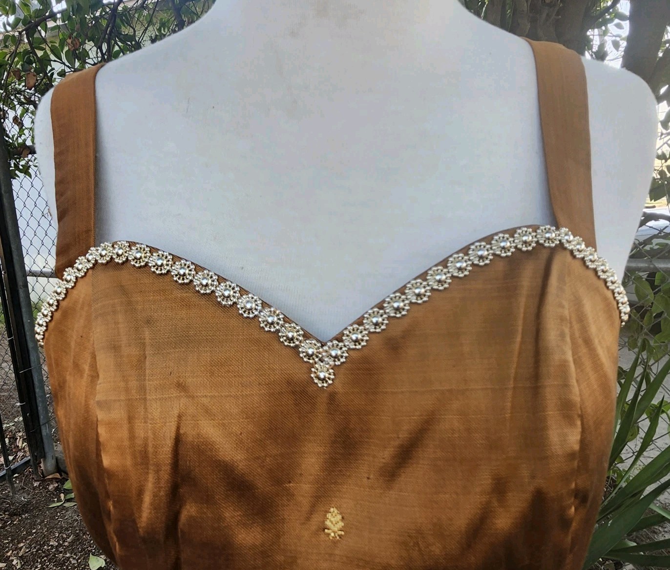 Cambodian/Khmer Silk Blouse Top Brown with Flower Gold Rhinestone Size M