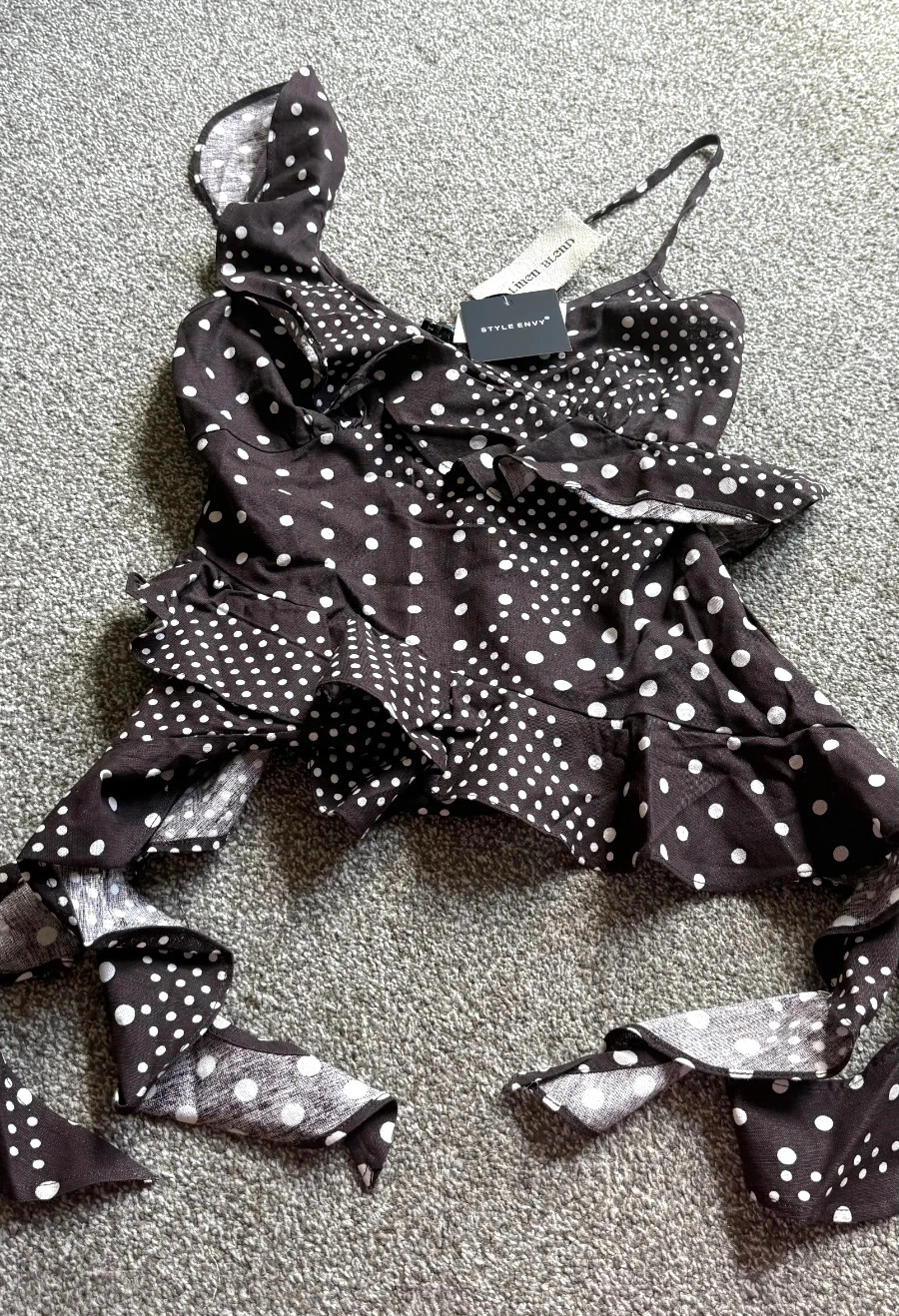 Style Envy Polka Dot Ruffle Camisole Top Brown White M NWT