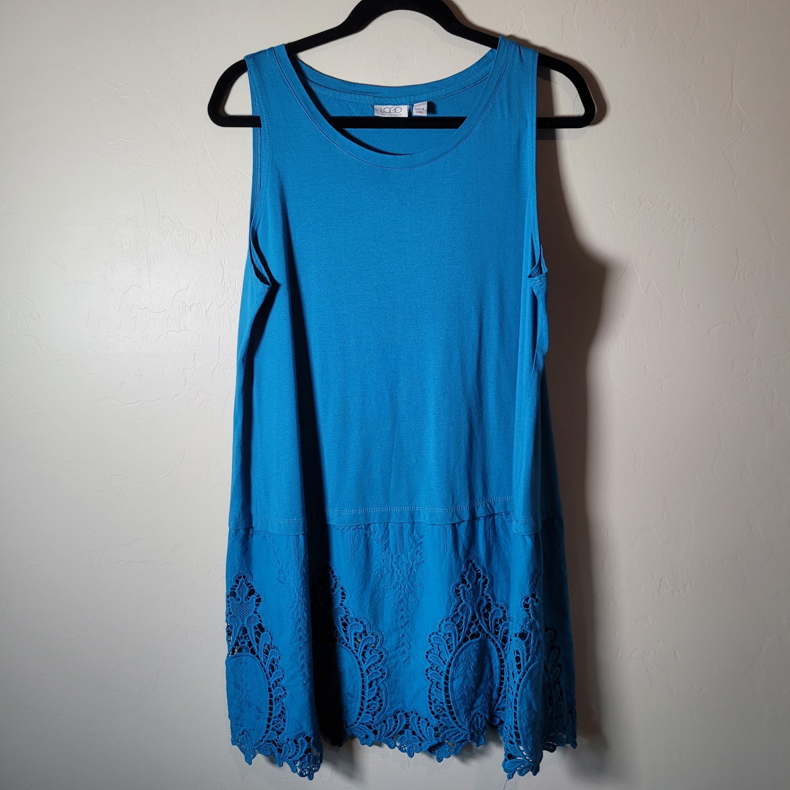 Lori Goldstein LOGO Size XL Long Tank Tunic Embroidered Panel Beach Coastal