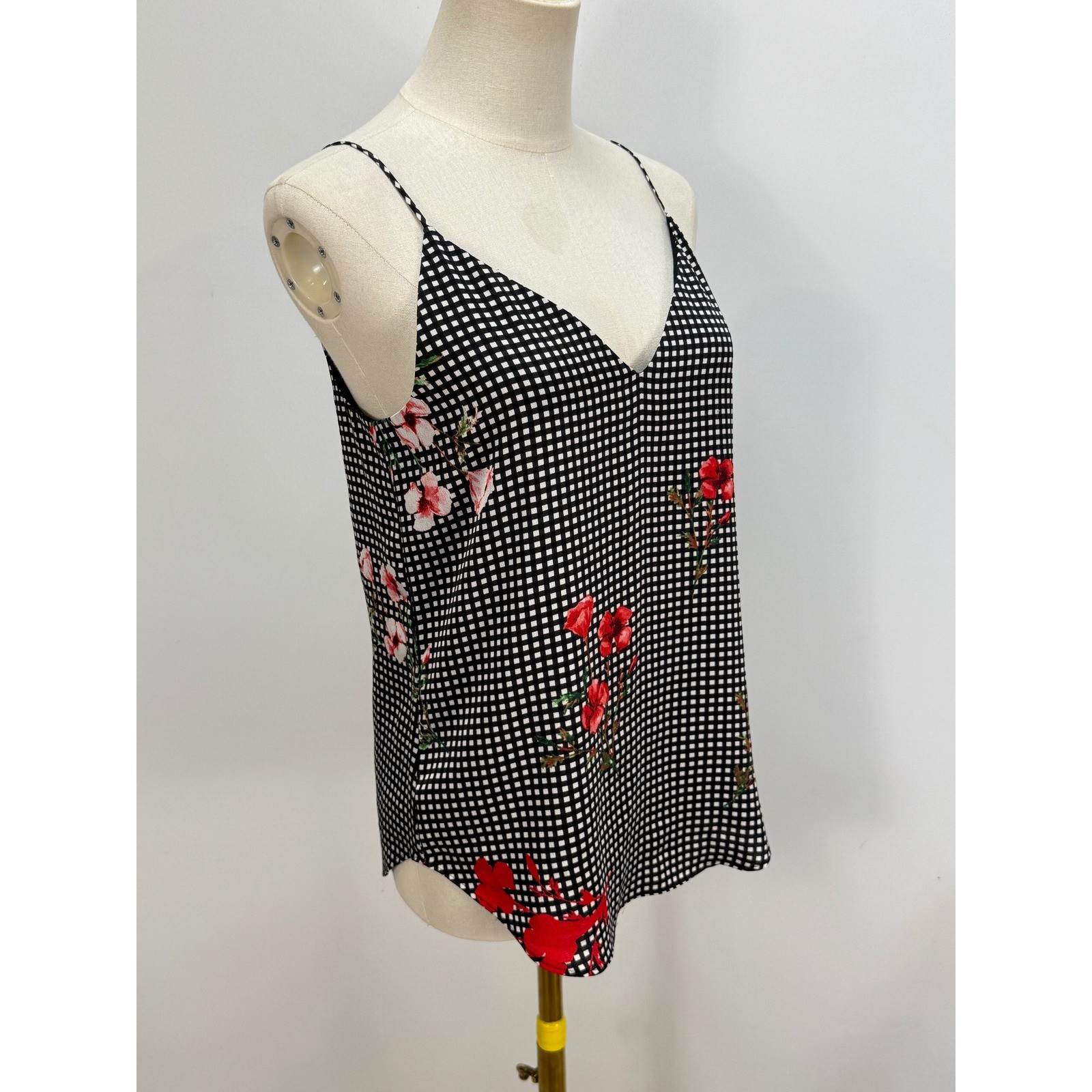 Express Gingham Floral Cami Tank Top Black White Red V-Neck Spaghetti Strap XS