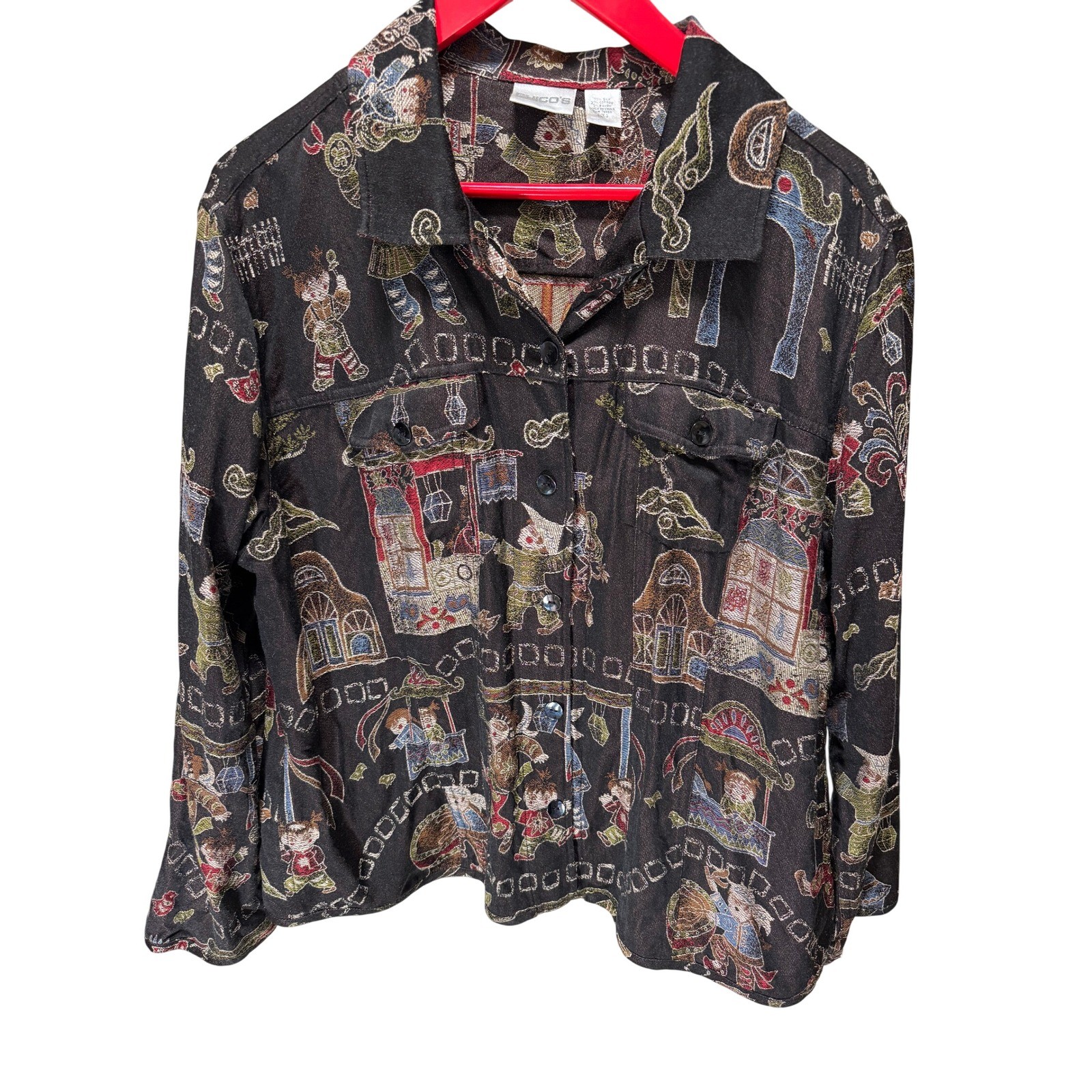 Chico’s Jacket SZ 3 Black Silk Blend Tapestry Novelty Print Art To Wear Lightwt