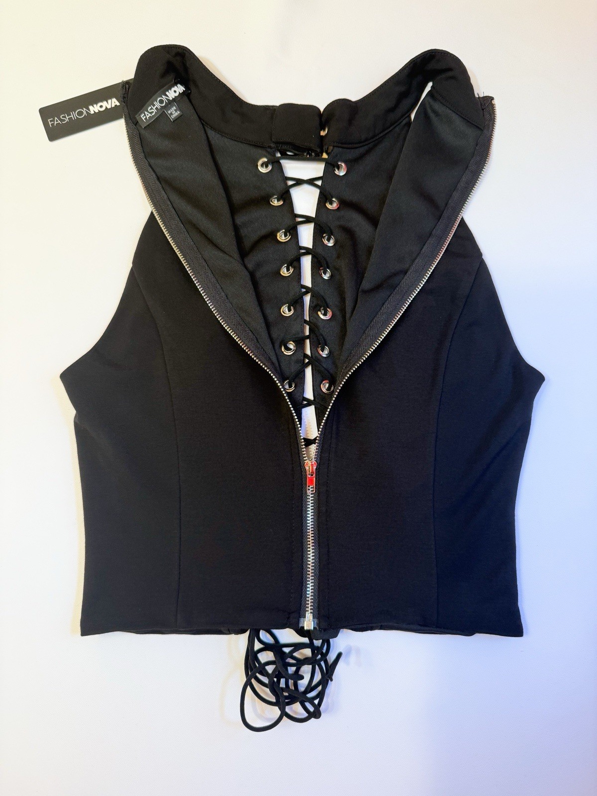 Sz Small ❤️ Fashion Nova Crop Top Biker Double Lined Black Neck Buckle Lace Up
