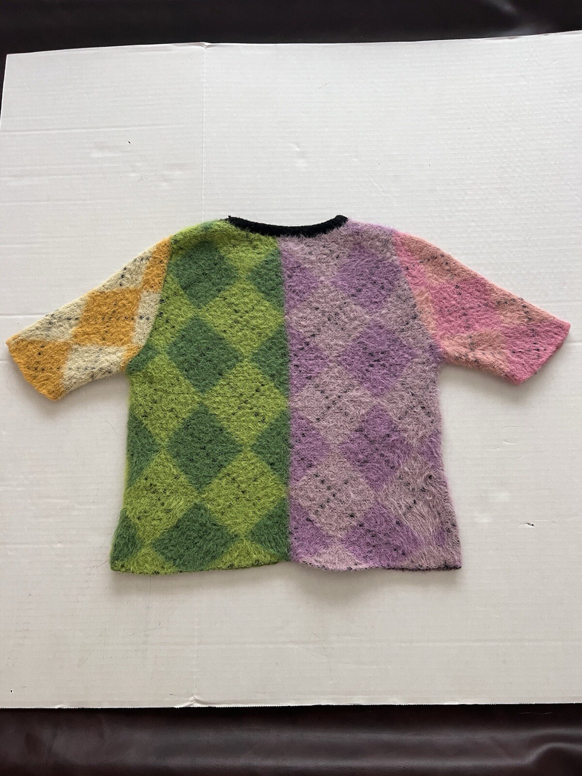 Colorful Short Sleeve Fuzzy Sweater Argyle Trendy Youthful Size Med Contemporary