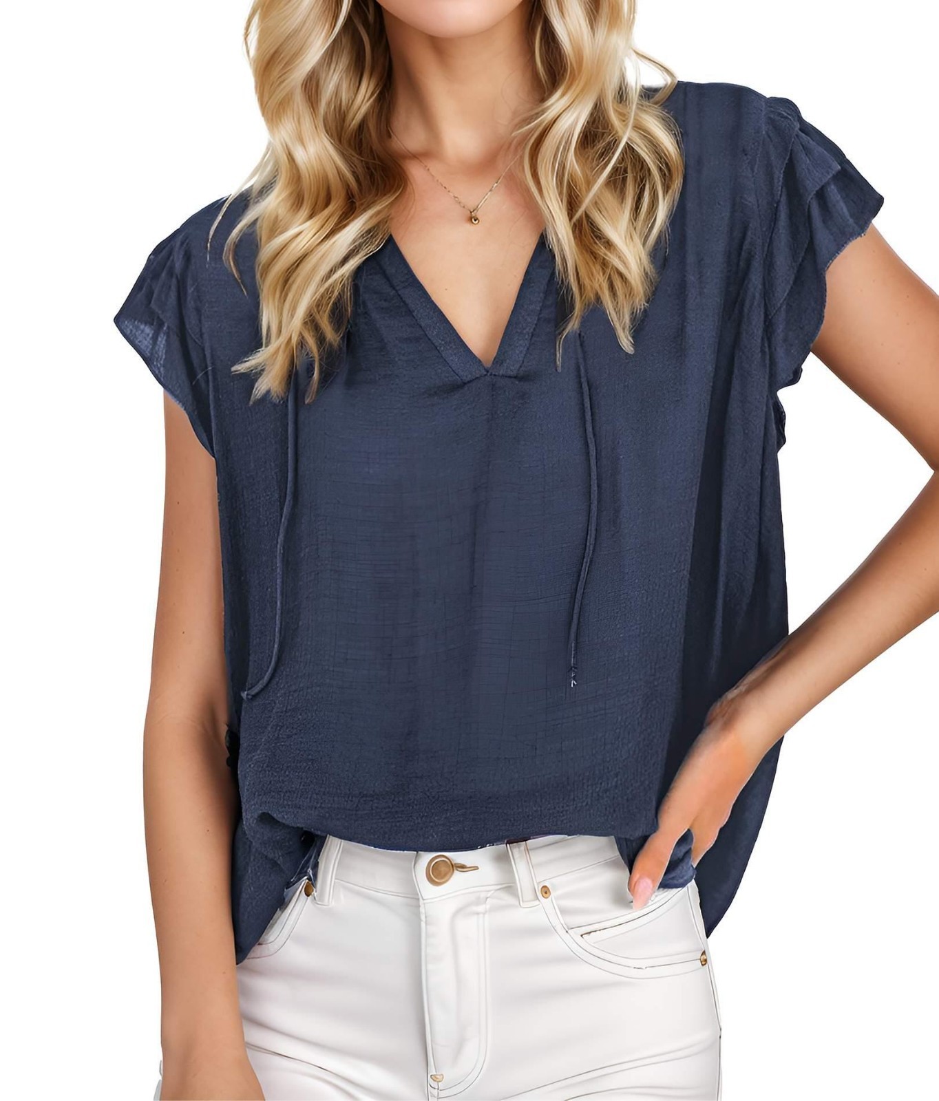 Women’s Casual V Neck Tops Drawstring Short Sleeve T Shirt Blouses