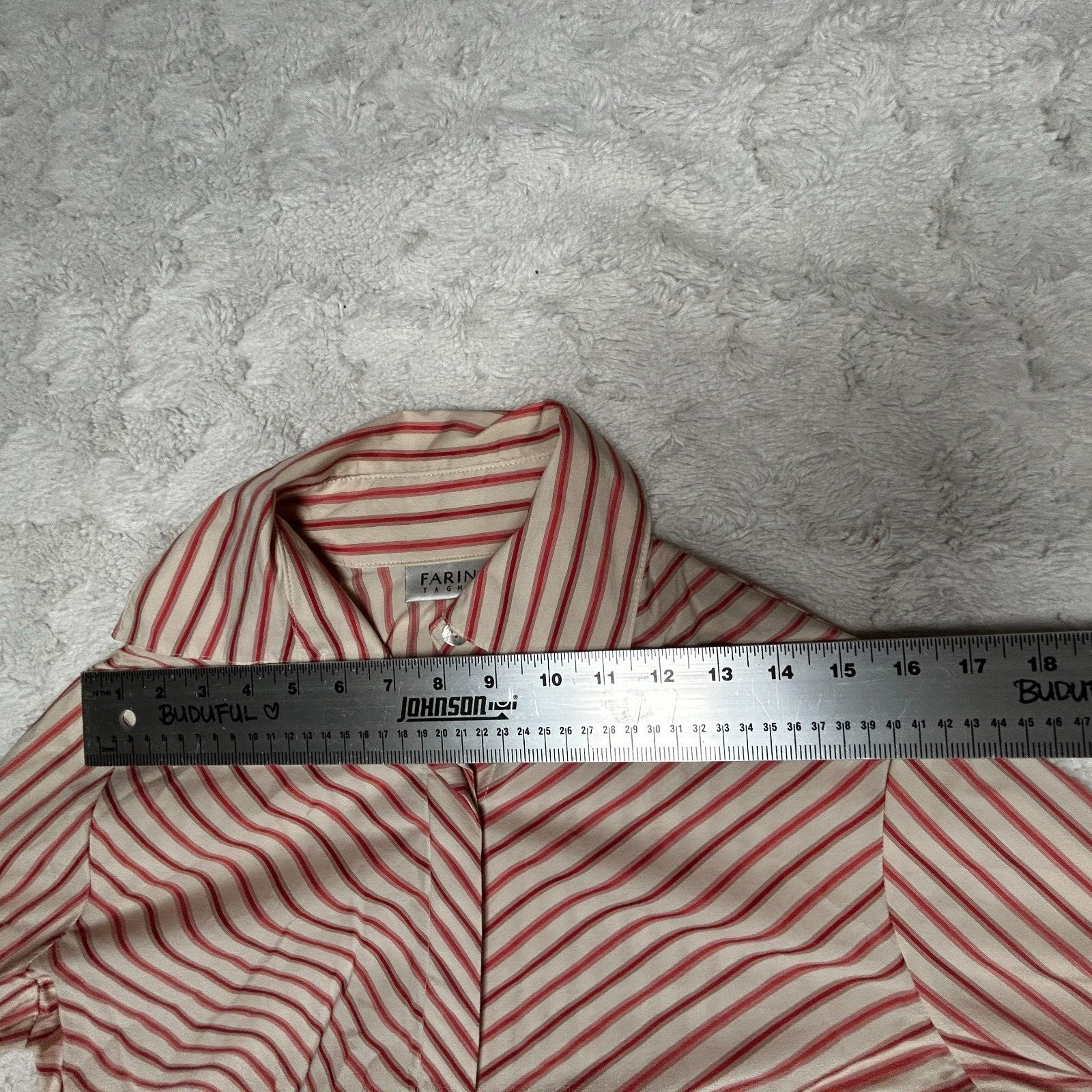 Farinaz Taghavi Women’s Button Up Striped Shirt Top Size 8 Red Ivory Long Sleeve