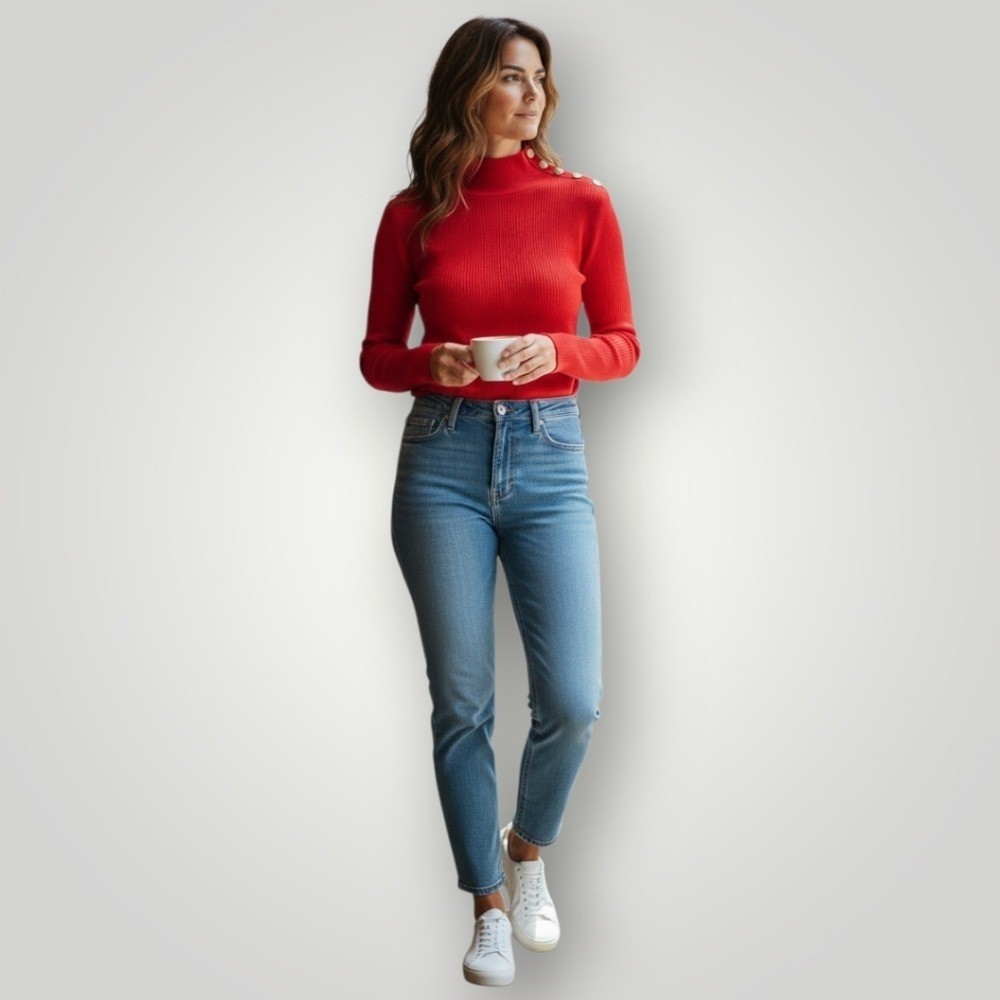 J. Crew Gold Button Ribbed Turtleneck XL Red Coastal Grandmother Quiet Luxury