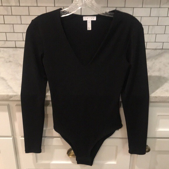 Leith Bodysuit Womens XS Black Classic Designer Bohemian Deep V Long Sleeve