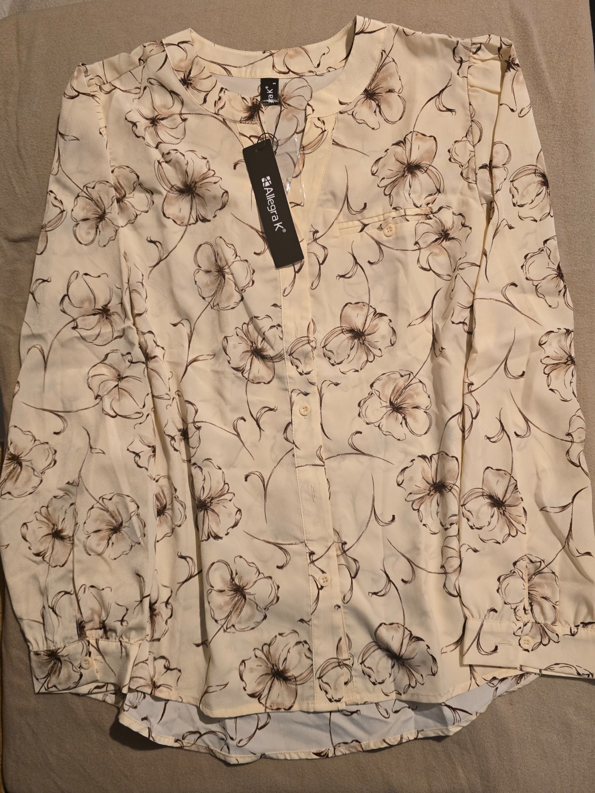 Allegra K Womens Printed Button Down Top Apricot Size Small Notched Crew Neck NW