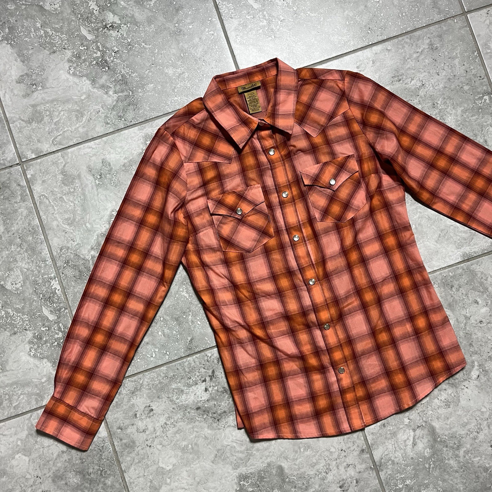 Wrangler Button Pearl Snap Shirt Long Sleeve Orange Plaid Western New Womens S