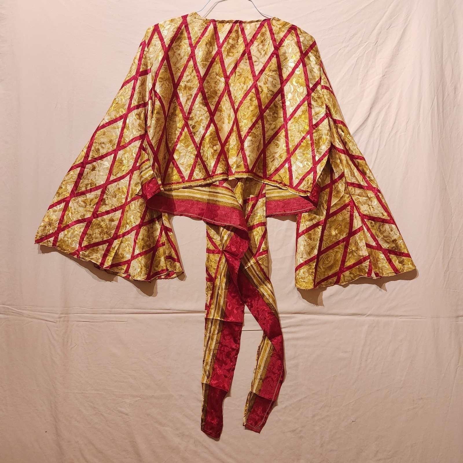 One Size Sari Vegan SIlk Wrap Shirt Silk Bell Sleeve Diamond Gold Red Boho Glam