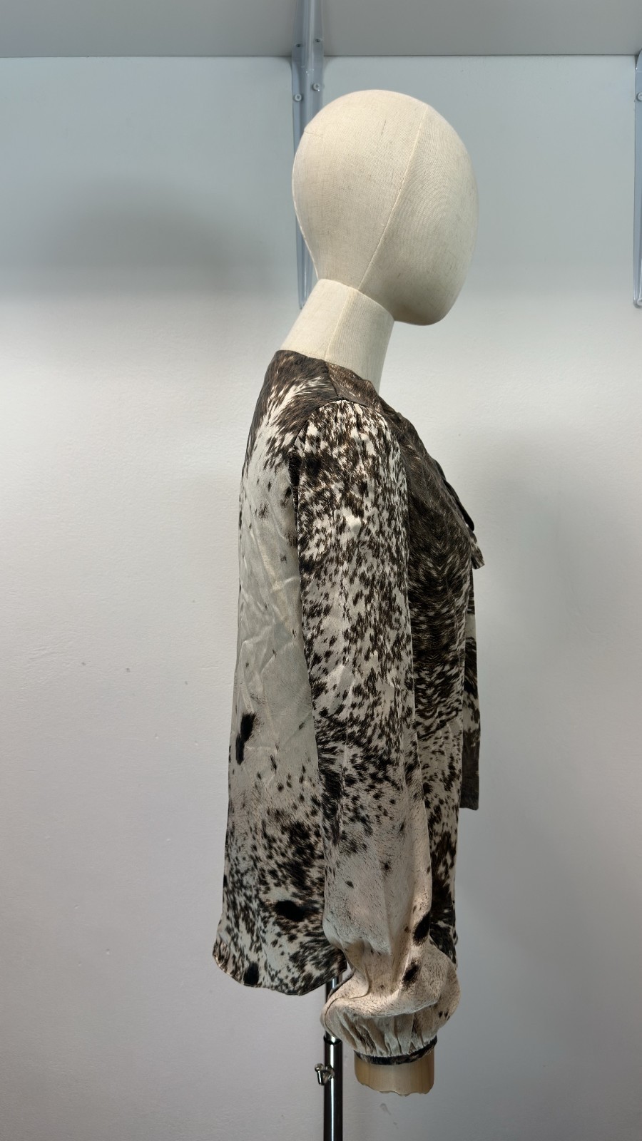 Roberto Cavalli Brown Cow Animal Print Silk Blouse Pussy Bow Shirt IT 42