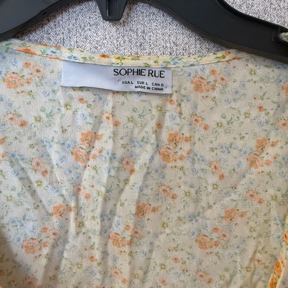 Sophie Rue Women Sz L Yellow Blue Floral Puff Sleeve Tie Front Top Cottagecore