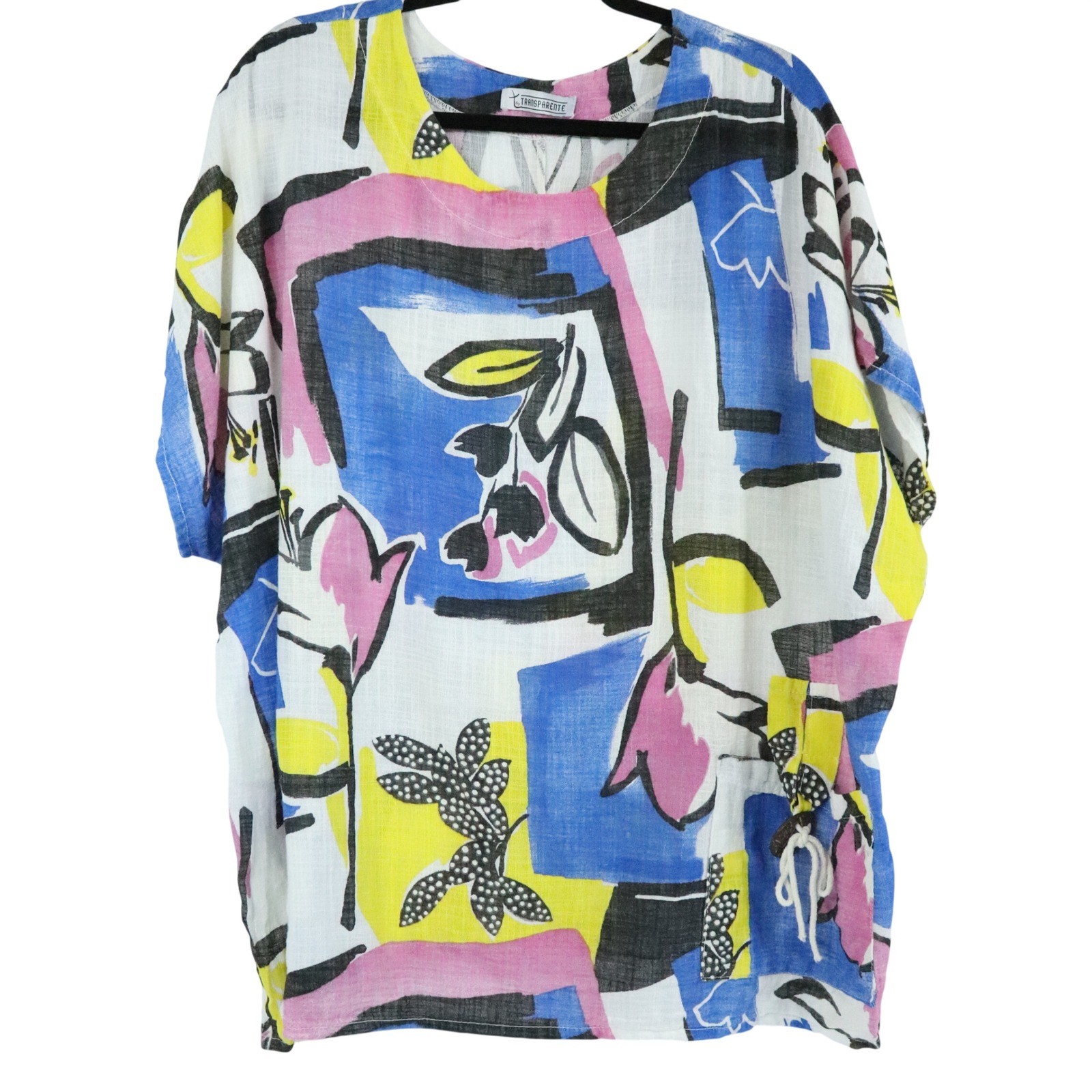 T by Transparente Abstract Floral Top Art To Wear Linen Blend Womens Shirt OS