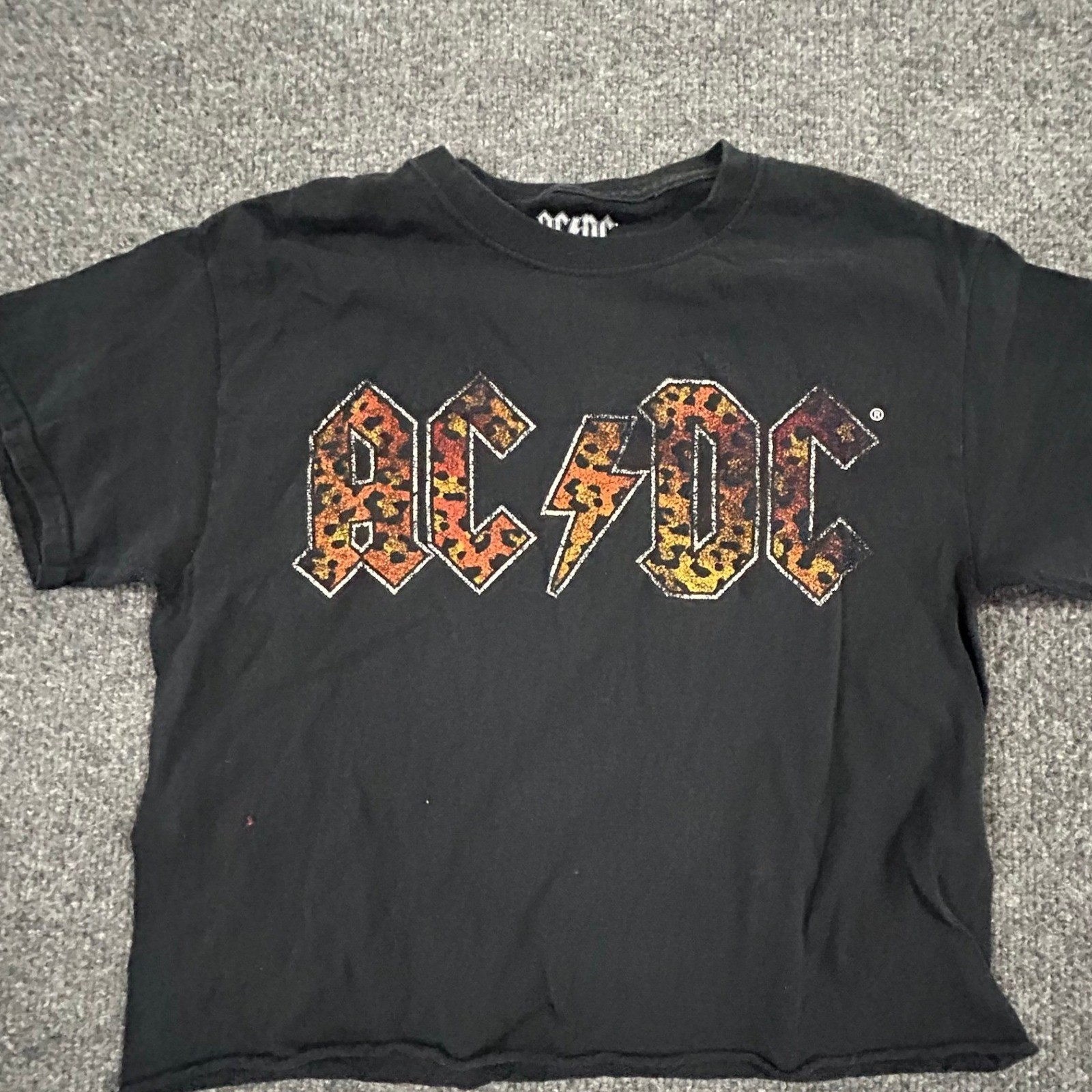 AC/DC T-Shirt Womens Size Small Black Leopard Print Logo Raw Hem Crop Rock Band