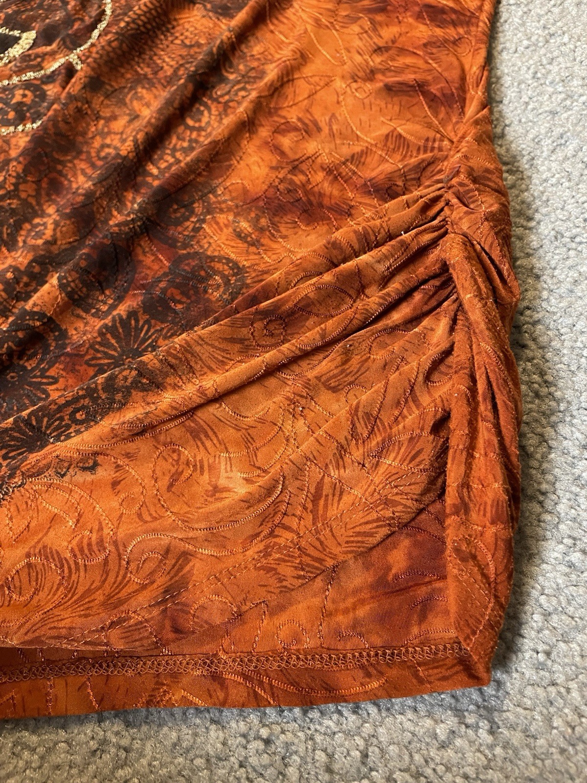 90s Essentials Floral Blouse 3X Rustic Brown Beads Side Ruched Boho Cottagecore