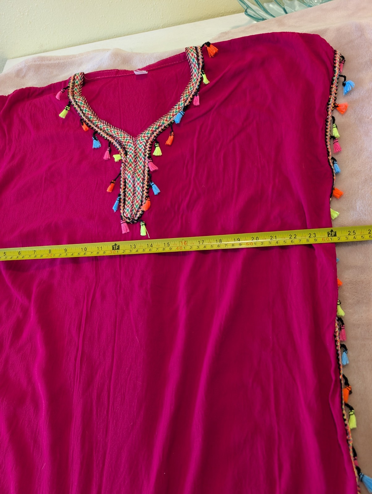 Women’s Pink Multicolor Tassel Caftan Sleeveless V-Neck Tunic Morocco Size M