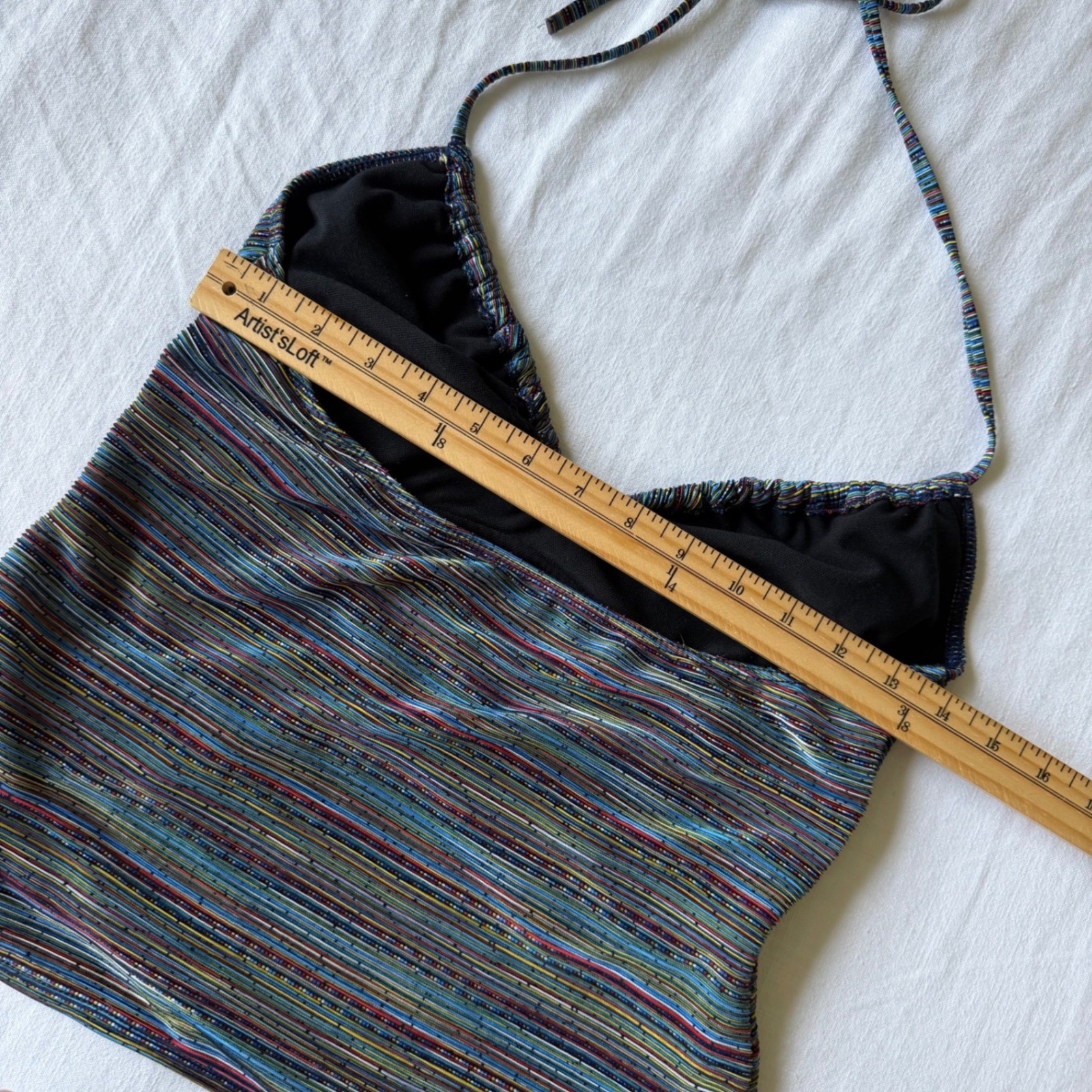 Y2K Womens Striped Halter Tankini Top Shimmer Sz Med Boho Babydoll