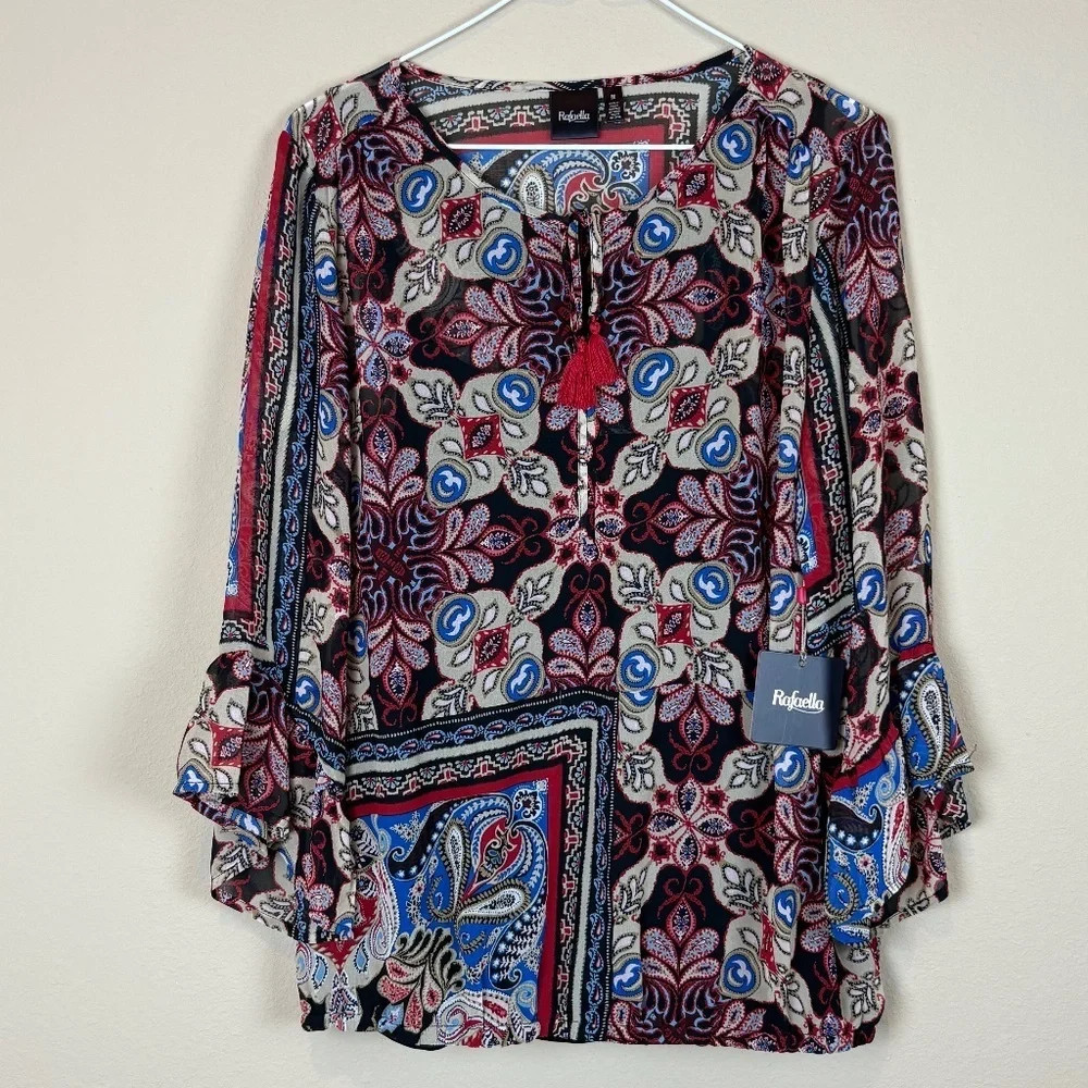 NEW Rafaella Black/Tan/Blue/Red Paisley Boho Sheer Blouse w/ Built In Black Cami