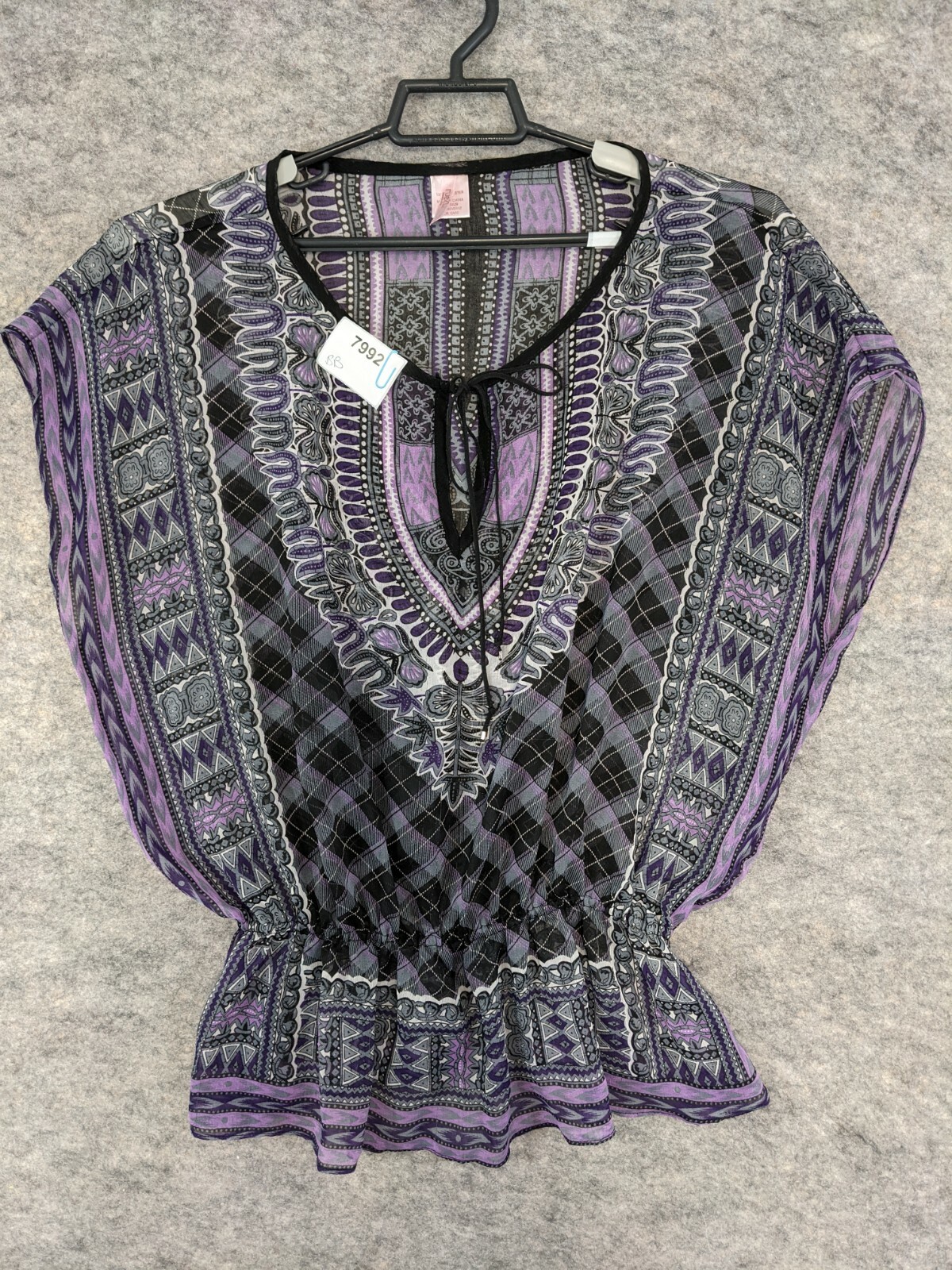 Rue 21 Top Womens Medium Purple Gray Geometric Sheer Elastic Waist Drop Shoulder
