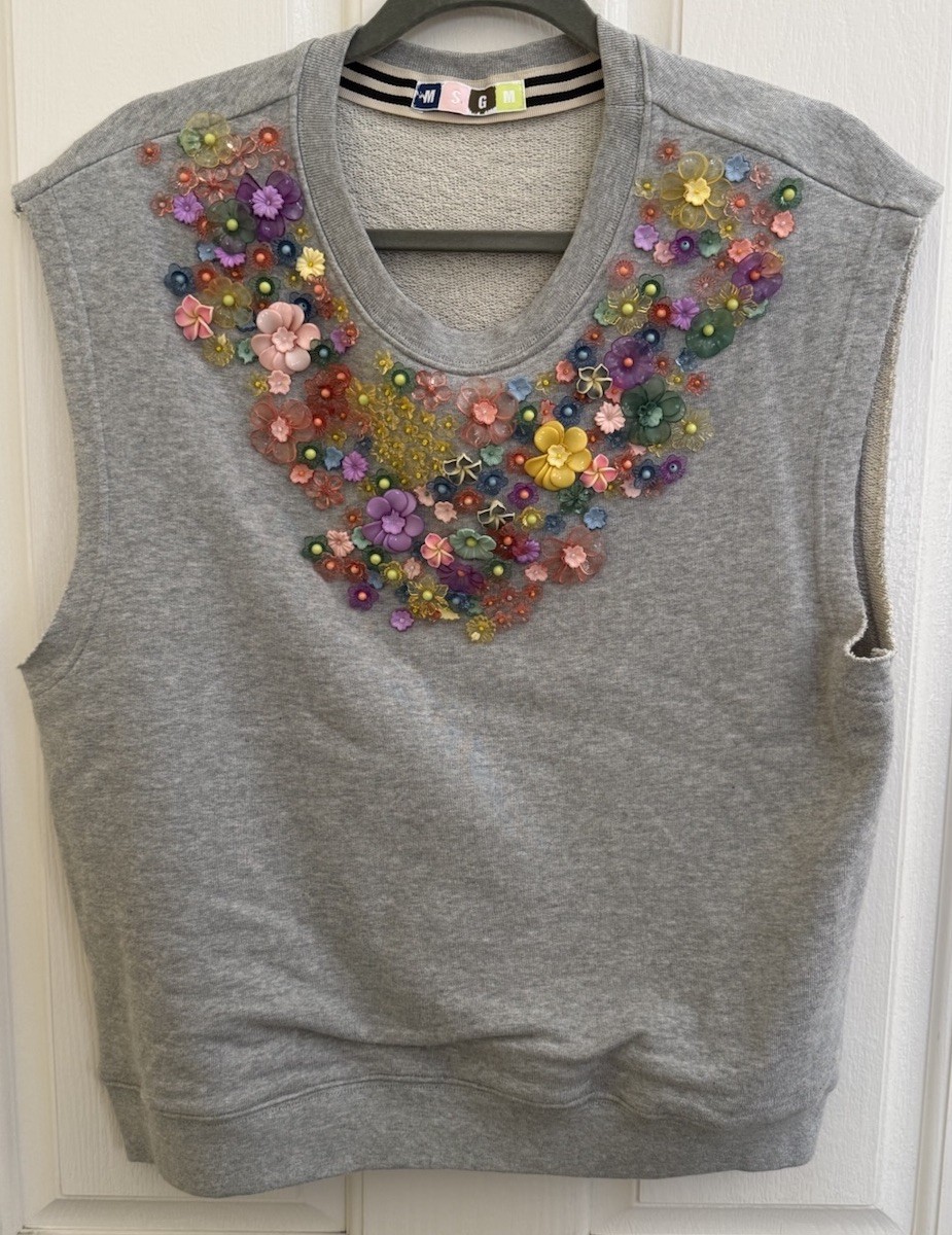 MSGM Multicolor Floral Beaded Sleeveless Crew Neck Gray Sweatshirt Top Size M