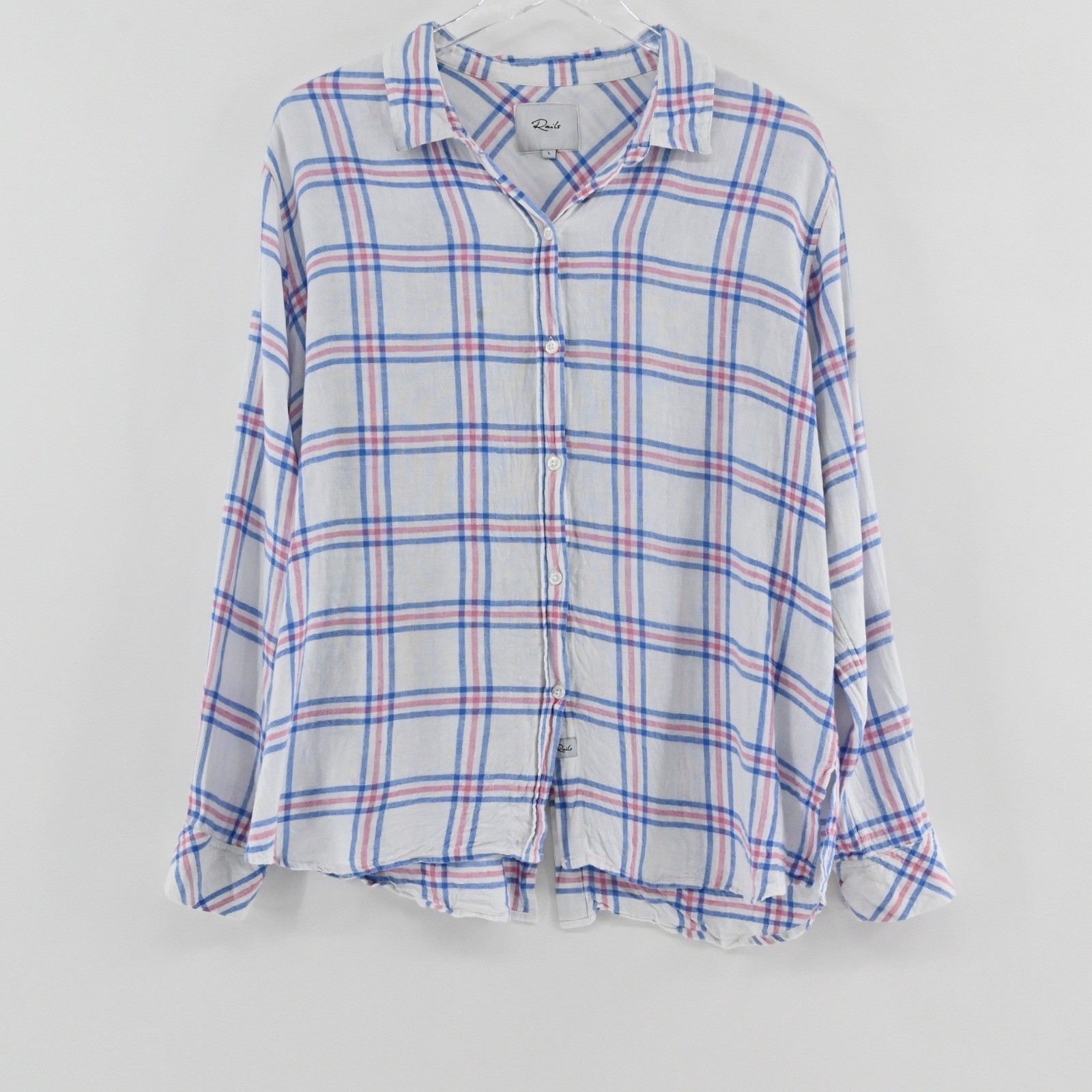 Rails Sydney Plaid Linen Top Womens Size L White Blue Pink Button Western Shirt