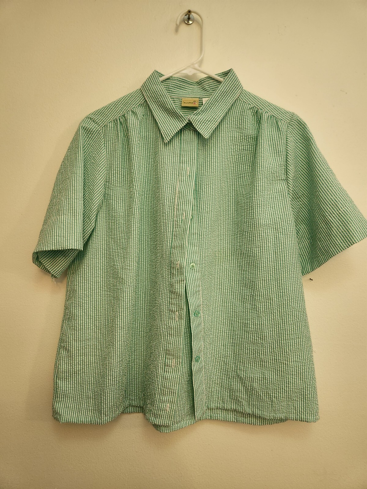 Boca Bay Women’s Blue Green Aqua White Stripe Seersucker Short Sleeve Blouse L