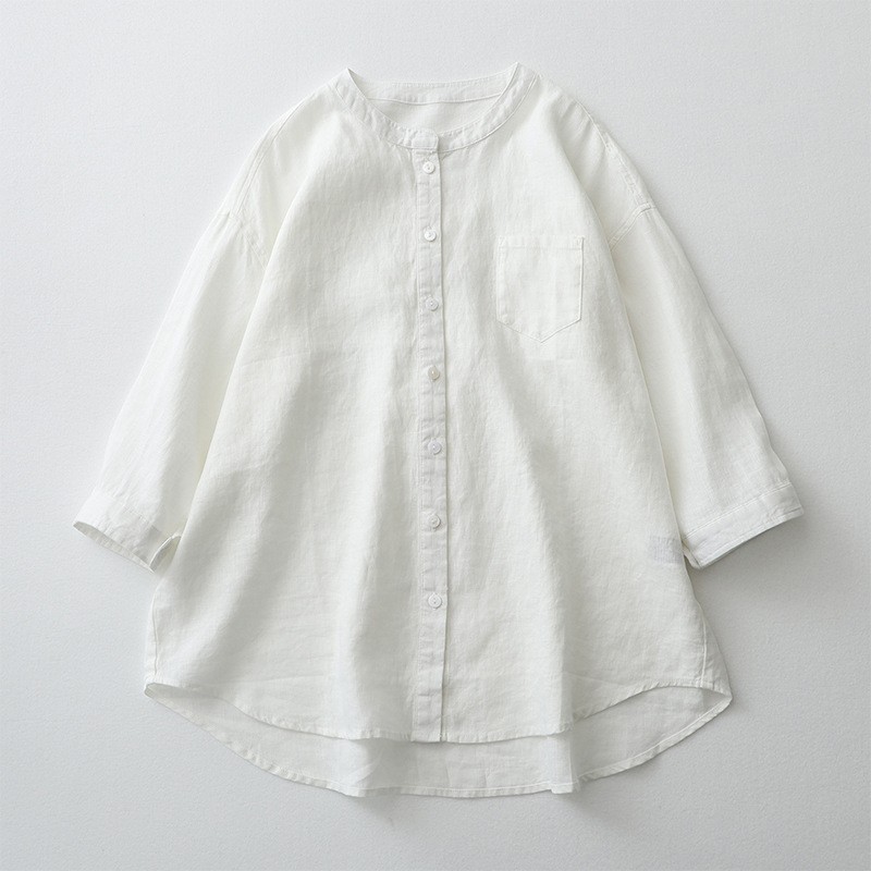 Linen Shirt Stand-up Collar, Seven-quarter Sleeves White Loose, Sunscreen Cotton