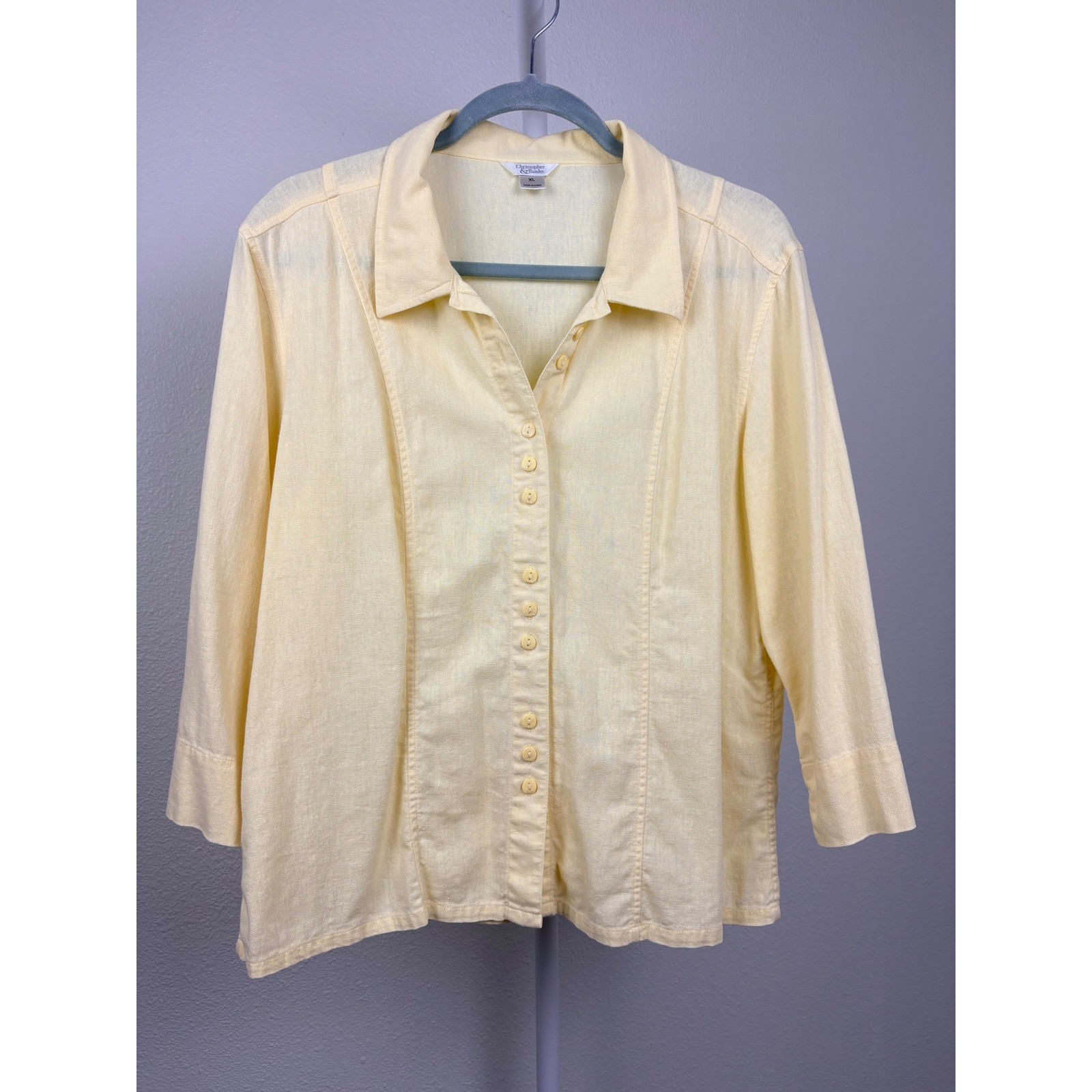 Christopher & Banks Butter Yellow Linen Blend Button Down Pleated Back Top XL
