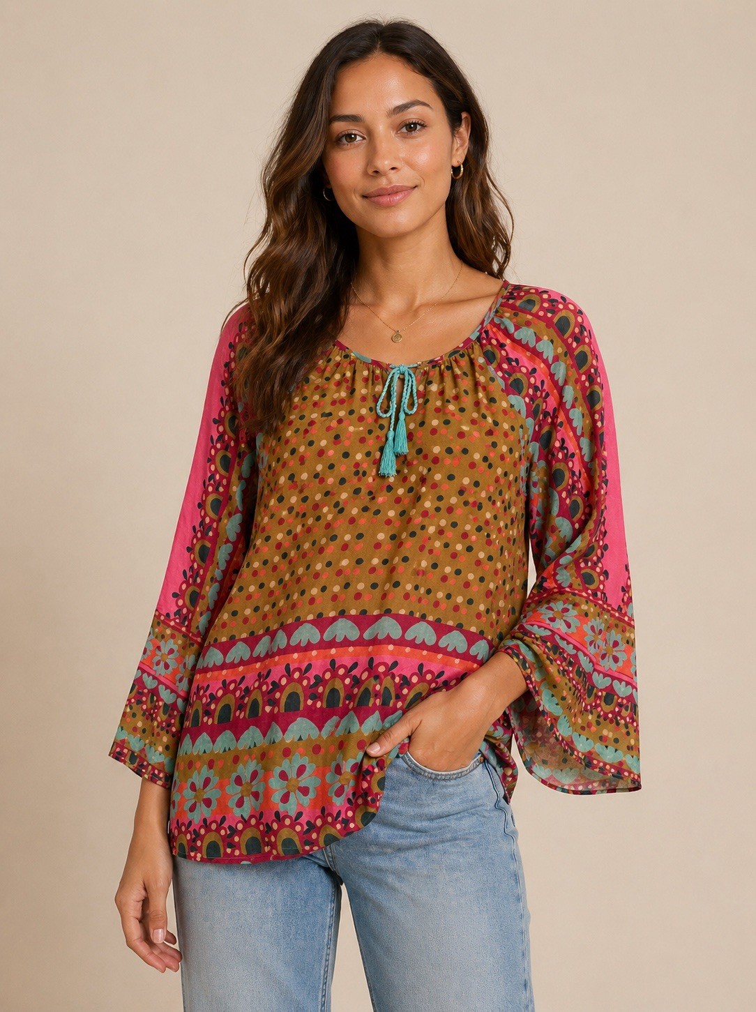 Natural Life Live Happy Polka Dot Floral Blouse Boho Hippie READ Womens Small