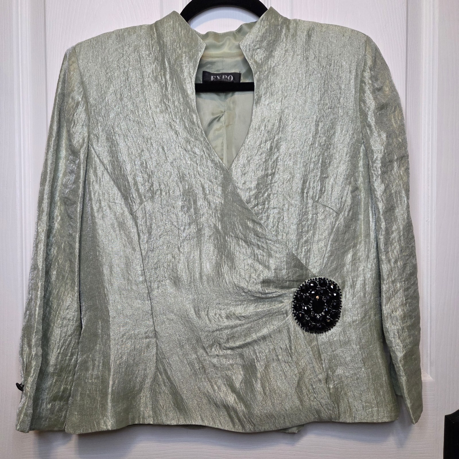 VTG Expo New York Blouse L Green Metallic Shimmer Beaded City Glam 80s 90s Art