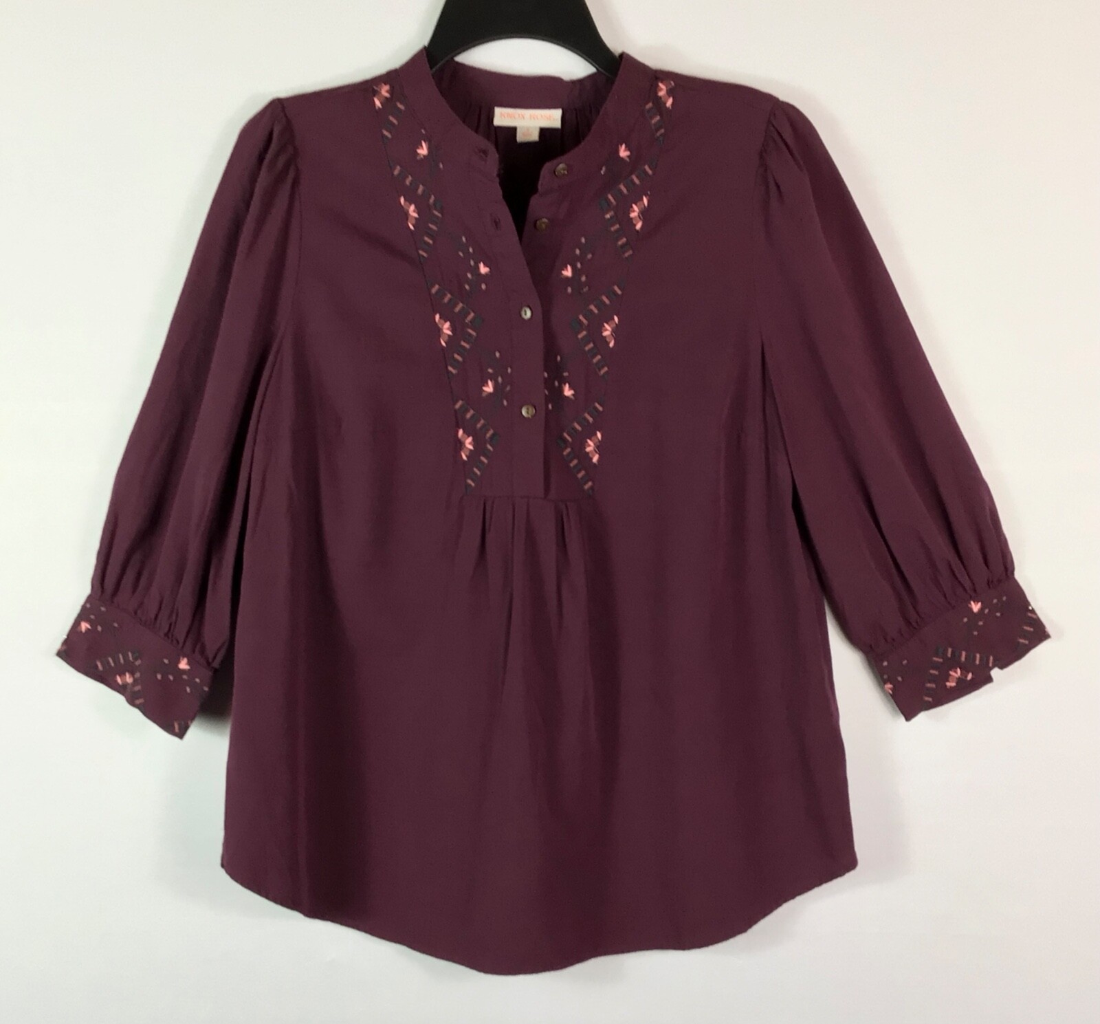 Knox Rose Blouse Womens Small Wine Floral Embroidery 3/4 Sleeves Buttons Peasant
