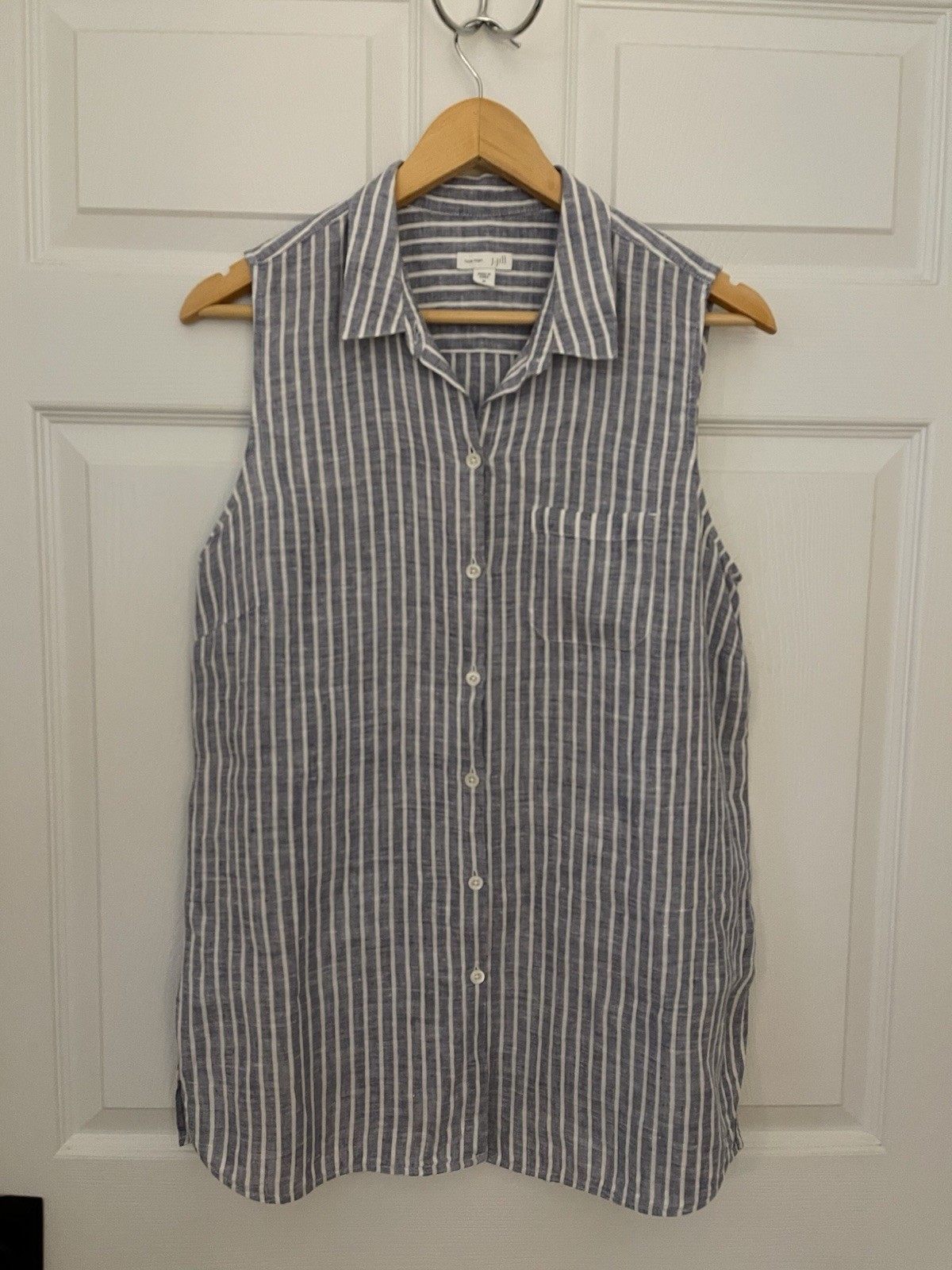 Love Linen JJill Coastal 100% Linen Tunic Sleeveless Blue White Stripe M Petite