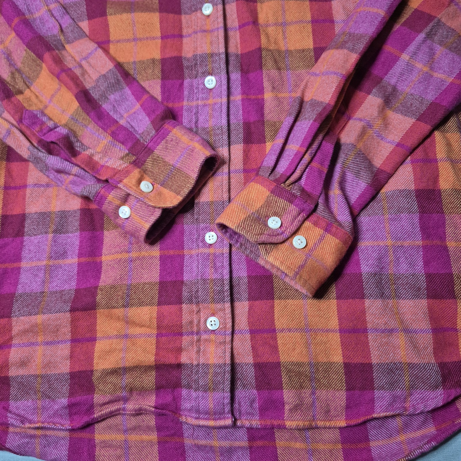 Lands’ End Flannel Shirt Womens Sz M Zesty Orange Cotton Plaid Hiking Western