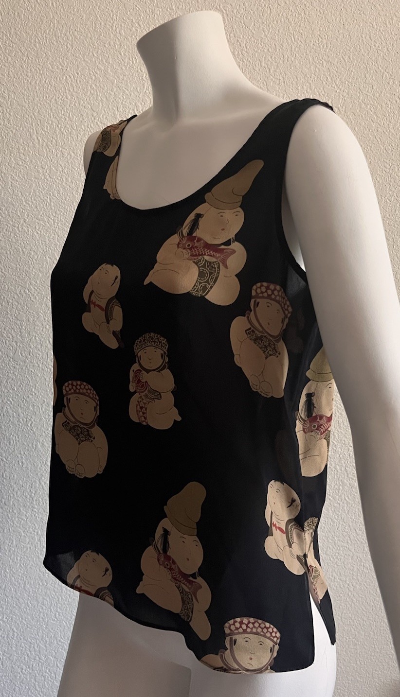 Harari 100% Silk Novelty Print Tank Top Womens Small Asian Folk Art Black Buddha