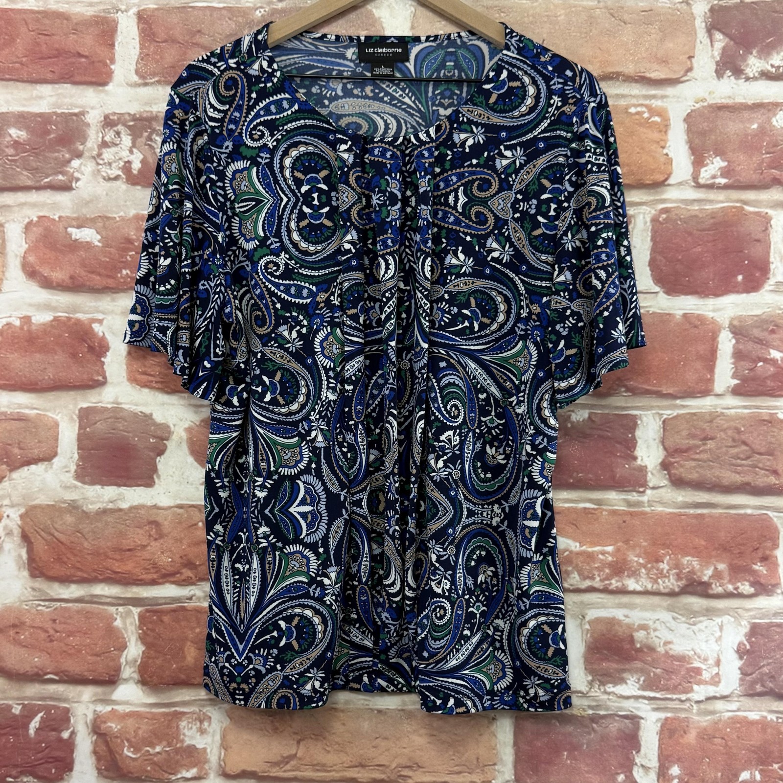 Liz Claiborne Top Womens Large Blue Boho Floral Pleated Career Work Office Shirt