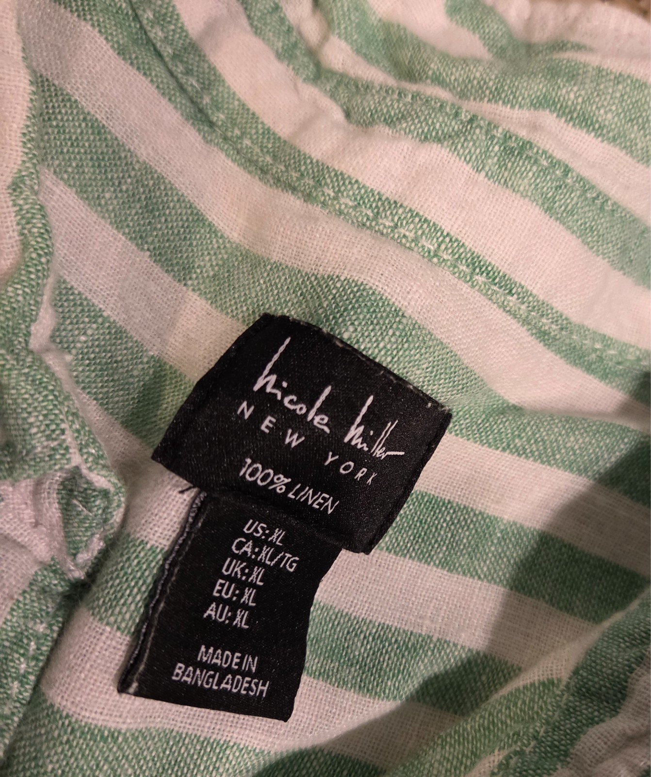 Nicole Miller Size XL 100% Linen Striped Button Down Shirt Green White Pocket