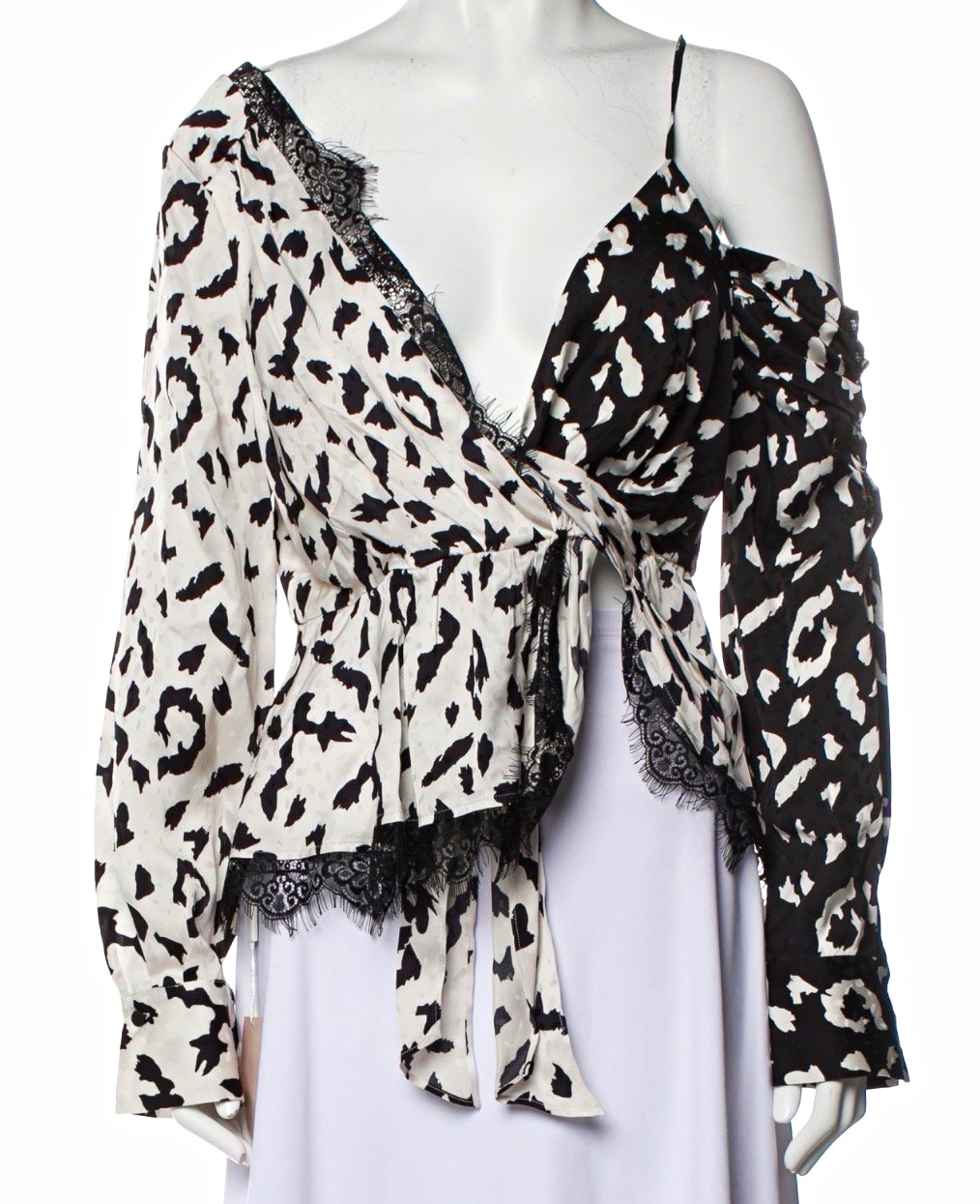 self-portrait Cream Black Leopard Chiffon V-Neck Long Sleeve Zip Wrap Top 4