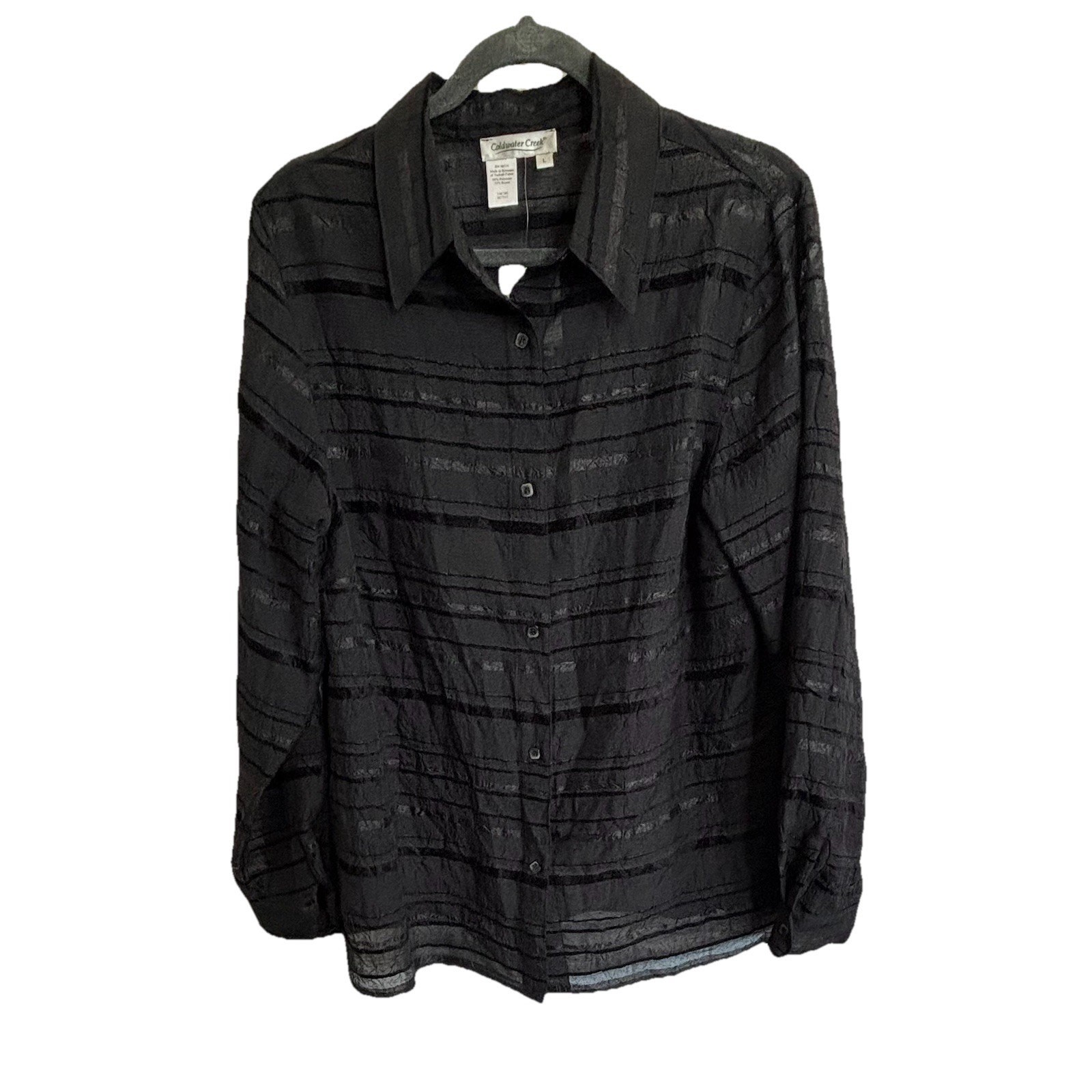 Coldwater Creek Sheer Chiffon Black Blouse Crinkle Fabric Black Velvet Stripe
