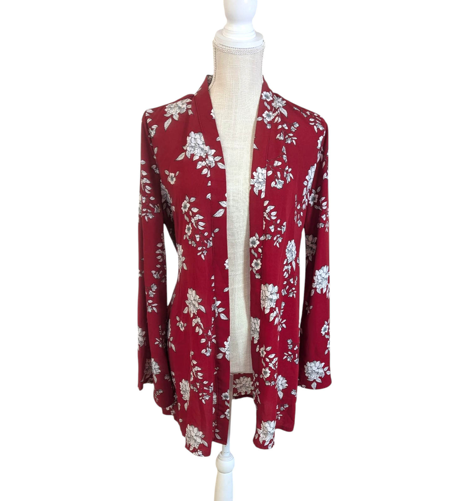 Guess Womens Red Floral Semi-Sheer Mid Length Belted Kimono Top Sz XS/S