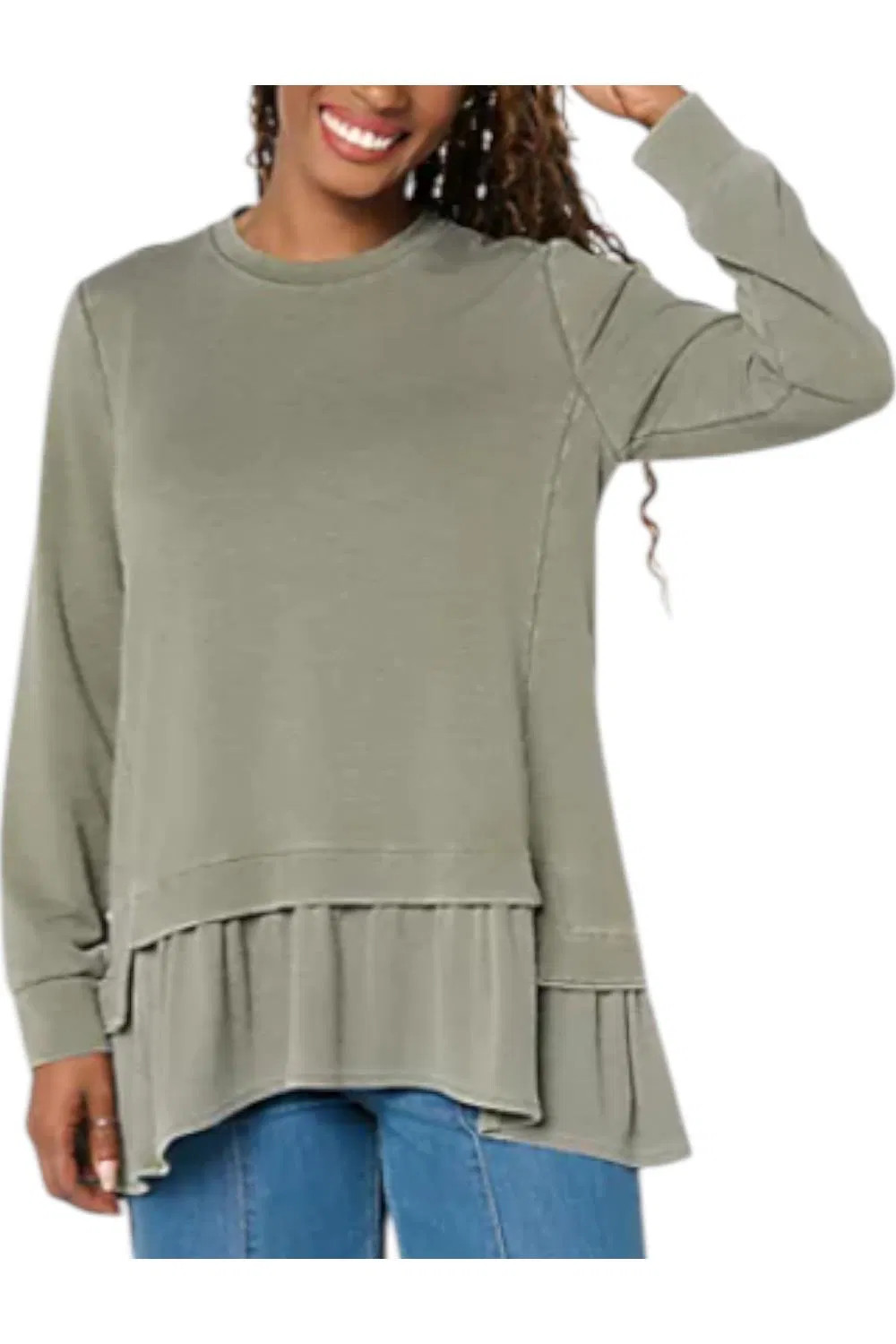 LOGO by Lori Goldstein Women’s French Terry Top w/Rib Knit Hem Thyme