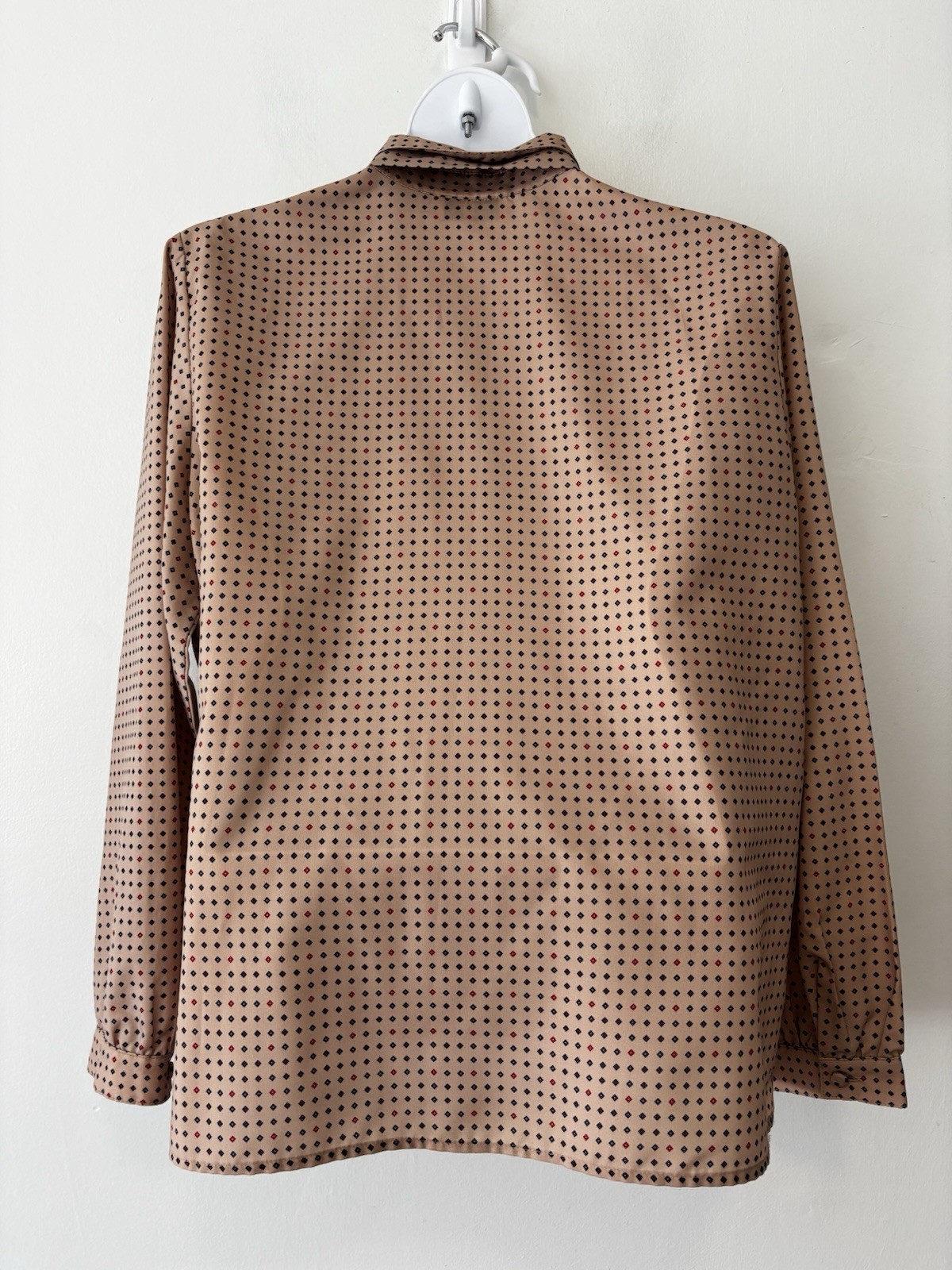 Vintage Robbie Sport Blouse Women Large Tan Blue Red Removable Neck Bow